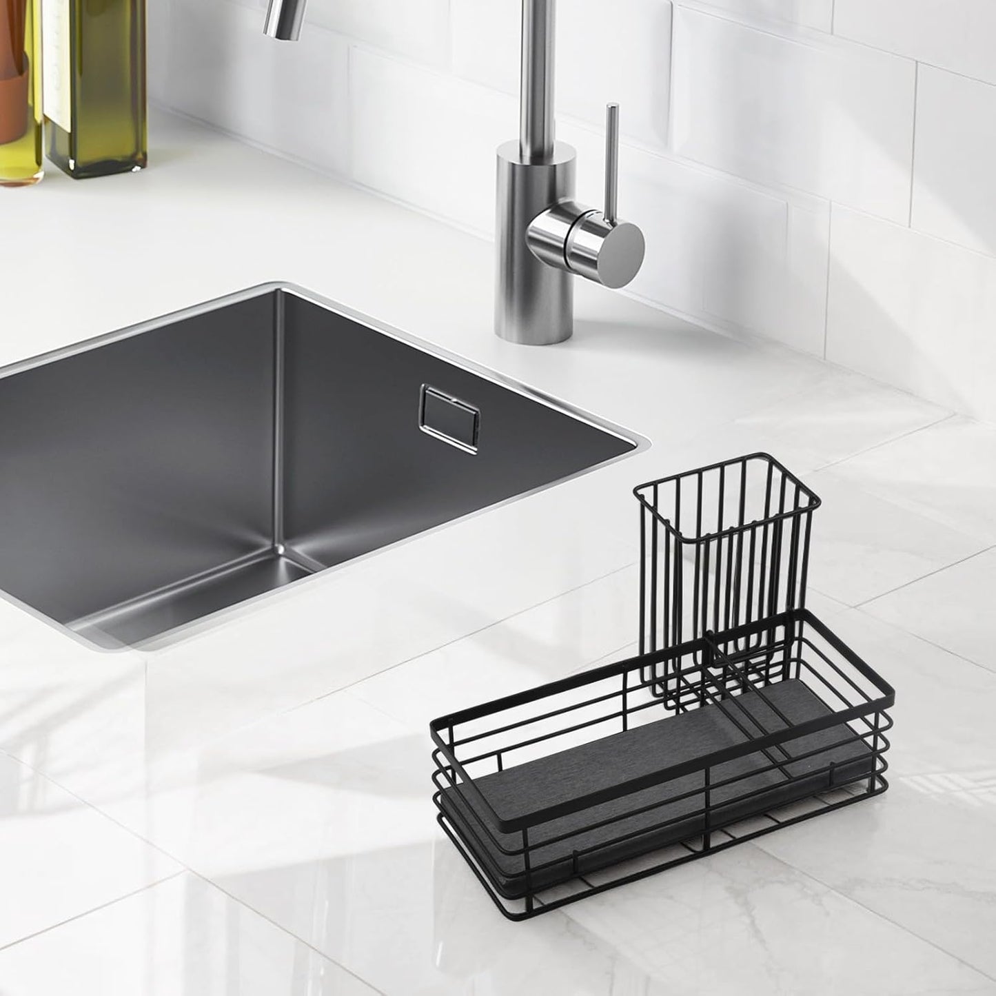 Efficient Sink Caddy with Removable Brush Holder and Water Absorbent Diatomite Stone Tray for Sponges