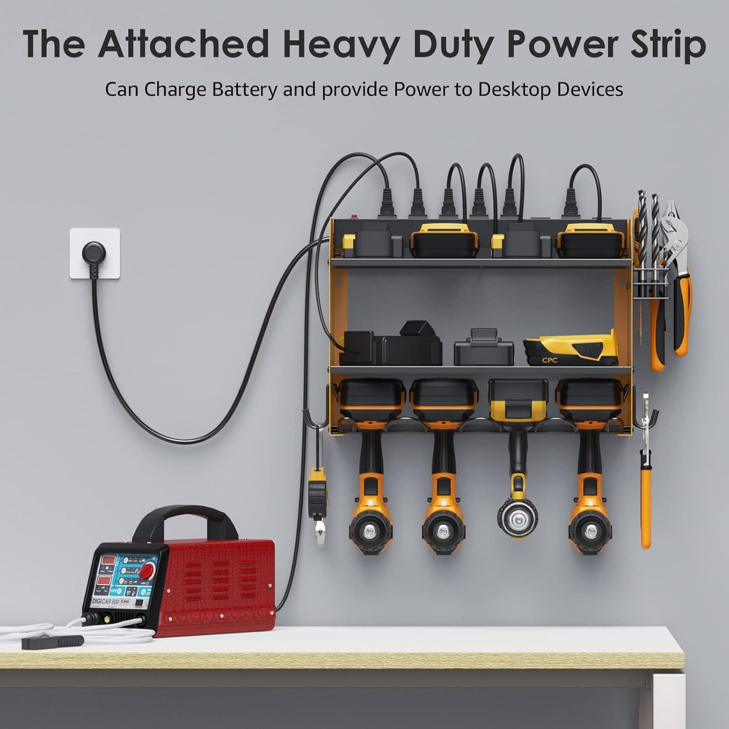 CCCEI Modular Power Tool Organizer Wall Mount with Charging Station. Garage Drill Storage Shelf with Hooks, Heavy Duty Rack, Tool Battery Holder Built in 8 Outlet. Gift for Men. Yellow, 2 Pack.