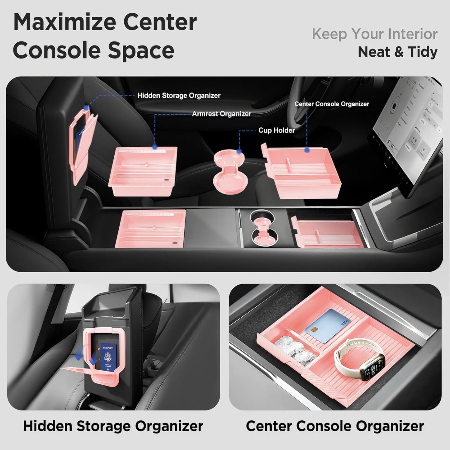 Center Console Organizer Tray for Tesla Model Y Juniper Accessories 2025 2026/For Tesla Model 3 Highland Accessories 2024 2025 2026 [Slide Smoothly/US Patent] Cup Holder Pink