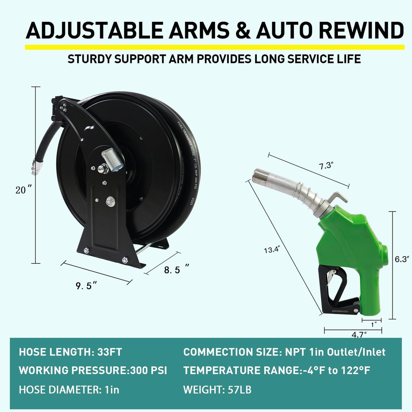 Fuel Hose Reel,1"X33' Retractable Ratchet Spring Driven Diesel Hose Reel,360 Rotating Fuel Hose Swivel,AUTO Fuel Nozzle,SS304 Elbow Pipe,Barb Fitting,300 PSI,Swivel Steel Construction Reel