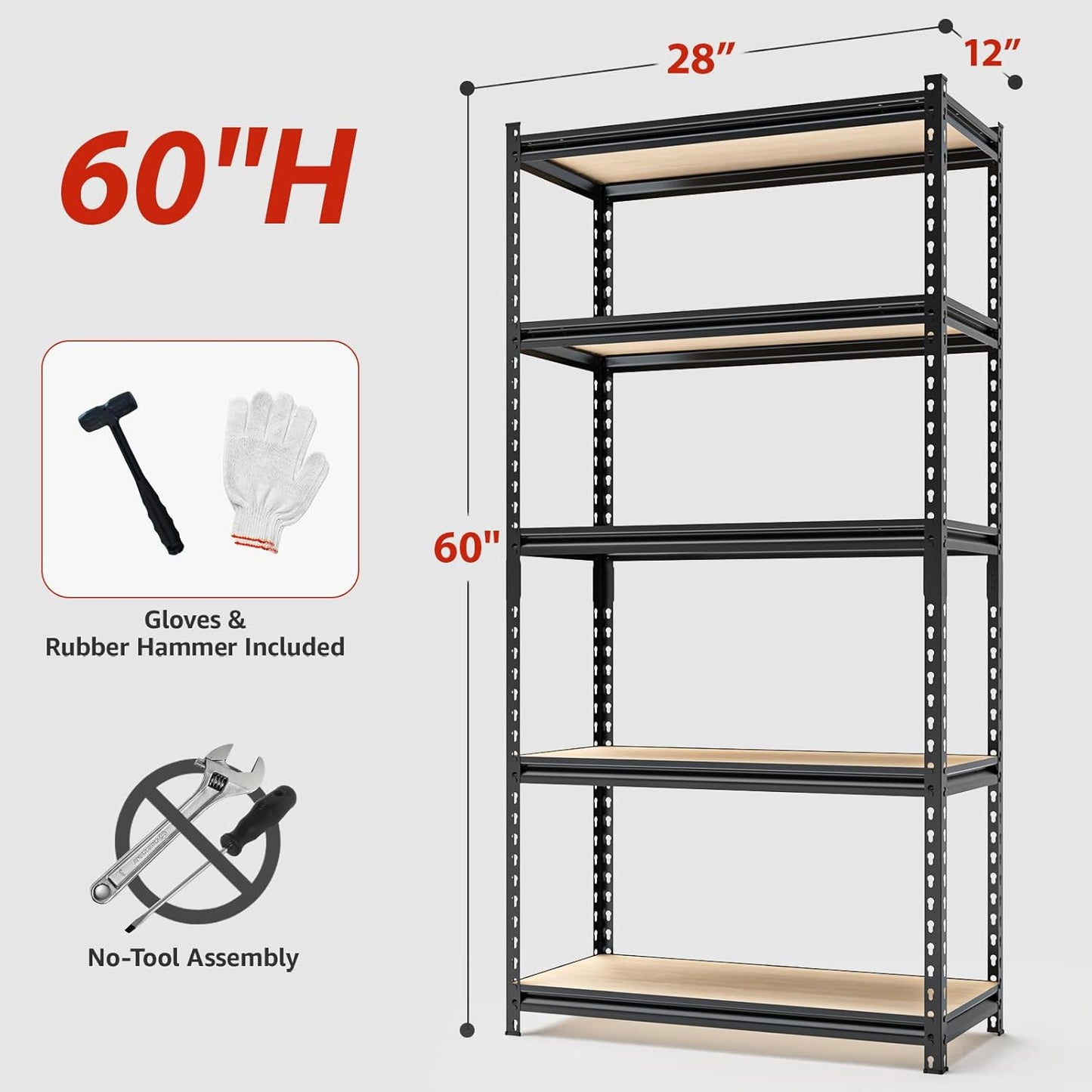 60" H x28 W x12 D Father&I 5-Shelf-Rack Shelves Industrial Metal Steel Garage/Kitchen Storage Heavy-Duty Adjustable Tall Shelving Units Organizer for Closet/Pantry/Attic/Laundry, Black