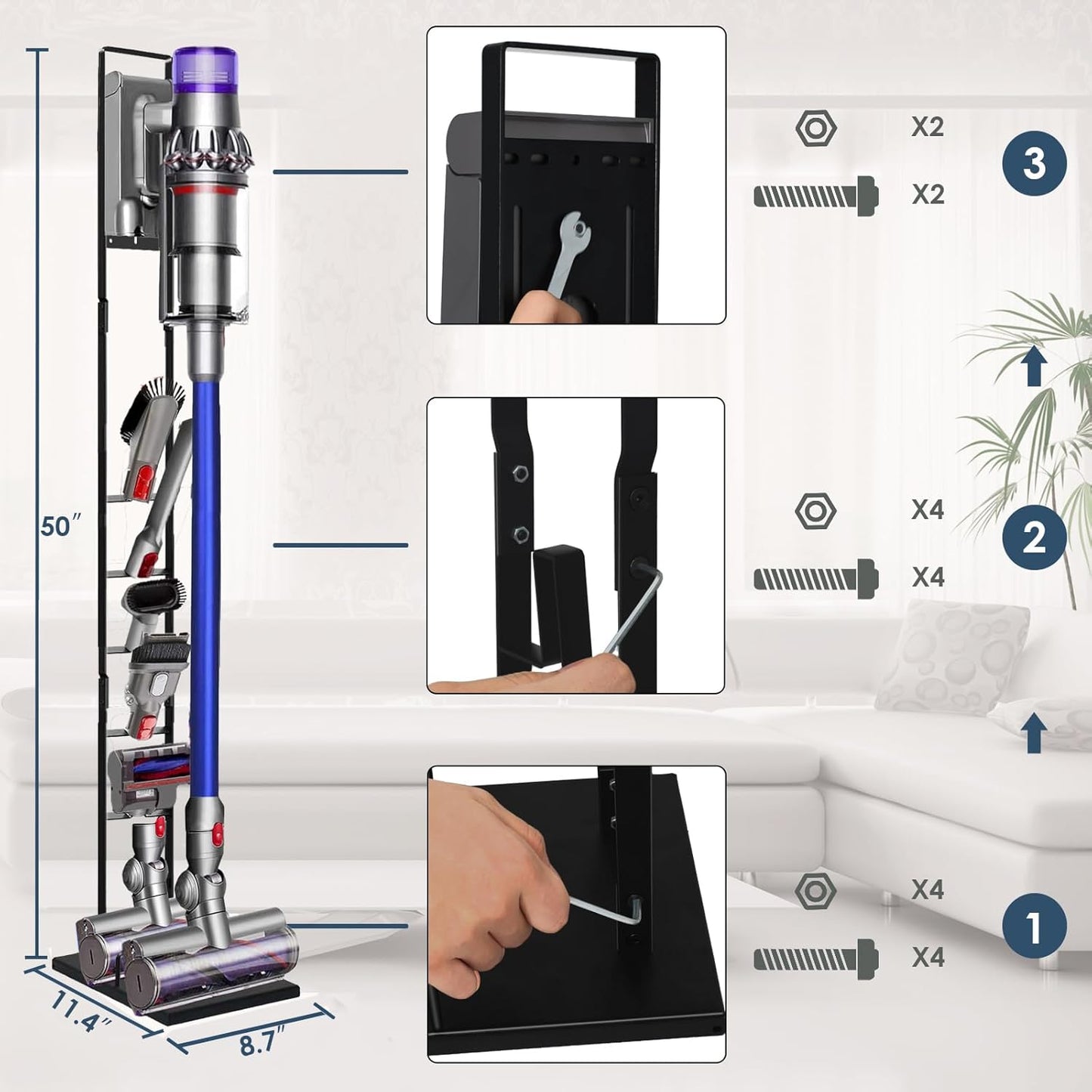 Vacuum Stand for Dyson V6, V7, V8, V10, V11, V12, V15 Cordless Cleaners - Heavy Base Metal Bracket Holder with Trigger Lock, On/Off Control Clamp, Accessory & Attachment Storage