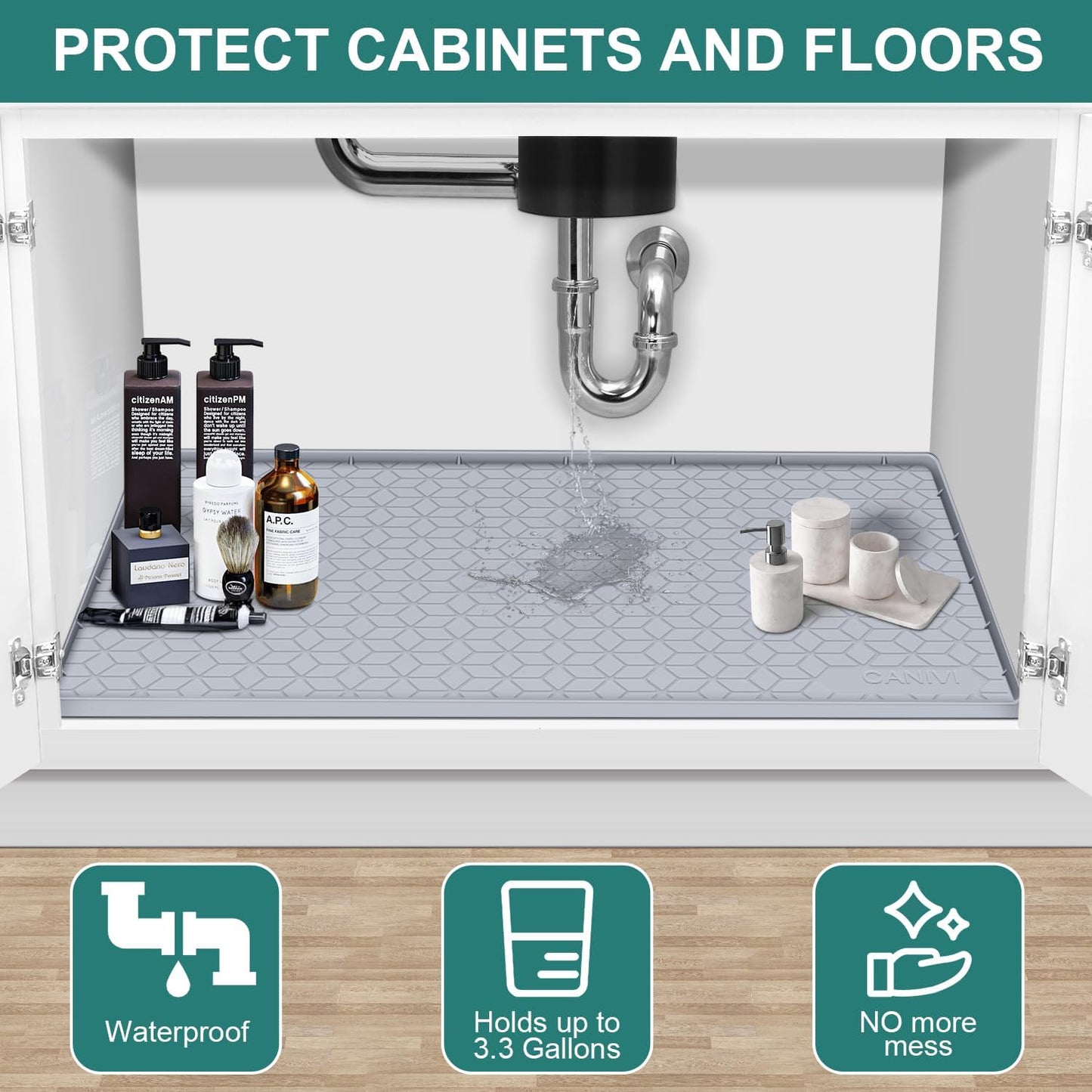 Under Sink Mat, 34" x 22" Waterproof Silicone Under Sink Tray for Kitchen & Laundry Cabinets, Kitchen Cabinet Shelf Protector, Up to 3.3 Gallons Liquid, Fits 36 inch Standard Cabinet Light Grey