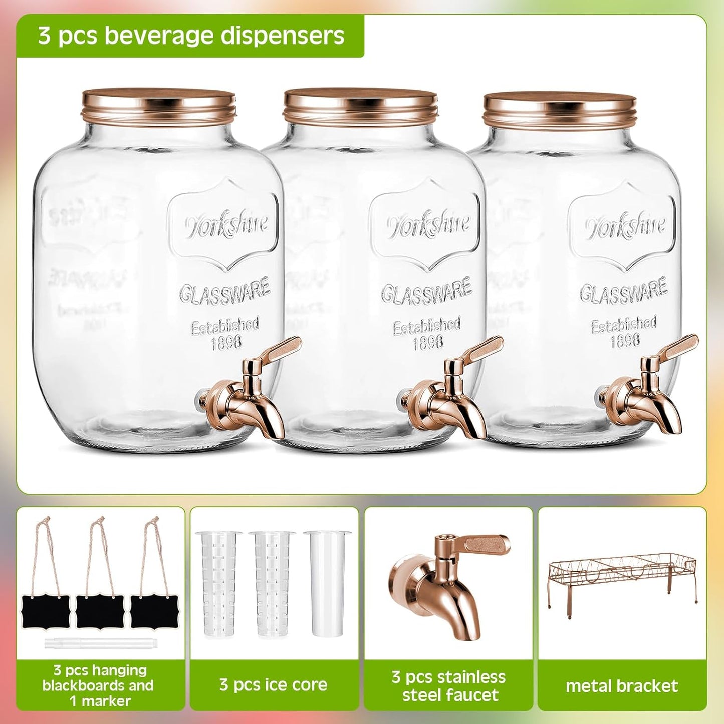 Lallisa 3 Pcs 2 Gallon Glass Drink Dispenser with Stand and Lid Mason Jar Beverage Dispenser with Stainless Steel Spigot, Hanging Chalkboard Signs, Fruit Infuse, Ice Cylinder, Liquid Pen (Rose Gold)
