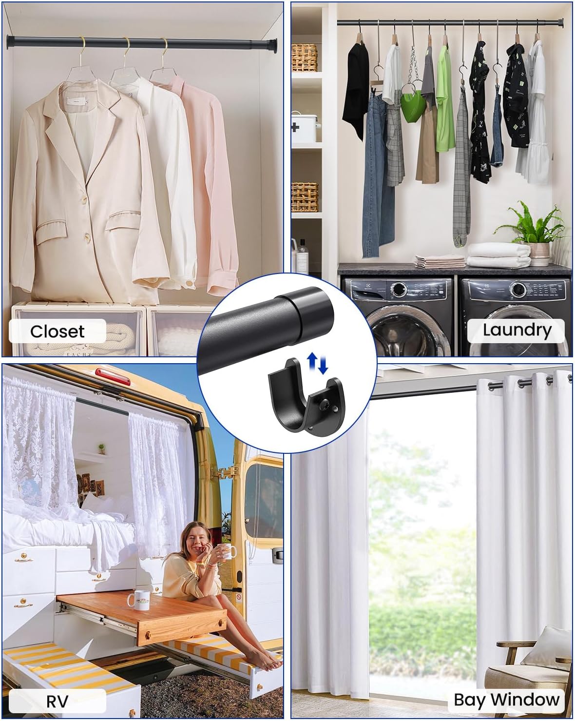 Closet Rods for Hanging Clothes, 17 to 84 Inches Stepless Adjustable Metal Closet Rod, 1.3 Inches Heavy Duty Clothes Hanging Rod for Closet Wardrobes Laundry RV, Black