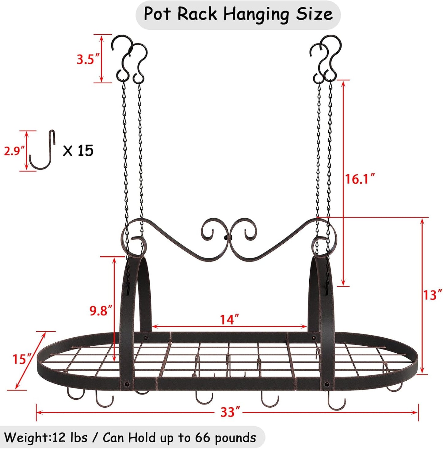 Hanging Pot Rack Ceiling Mount, 33" Metal Ceiling Pan Hanging Rack with 15 S Hooks, Oval Pot and Pan Storage Rack, Decorative Vintage Brown Pot Hangers for Kitchen Organize Utensils Cookware