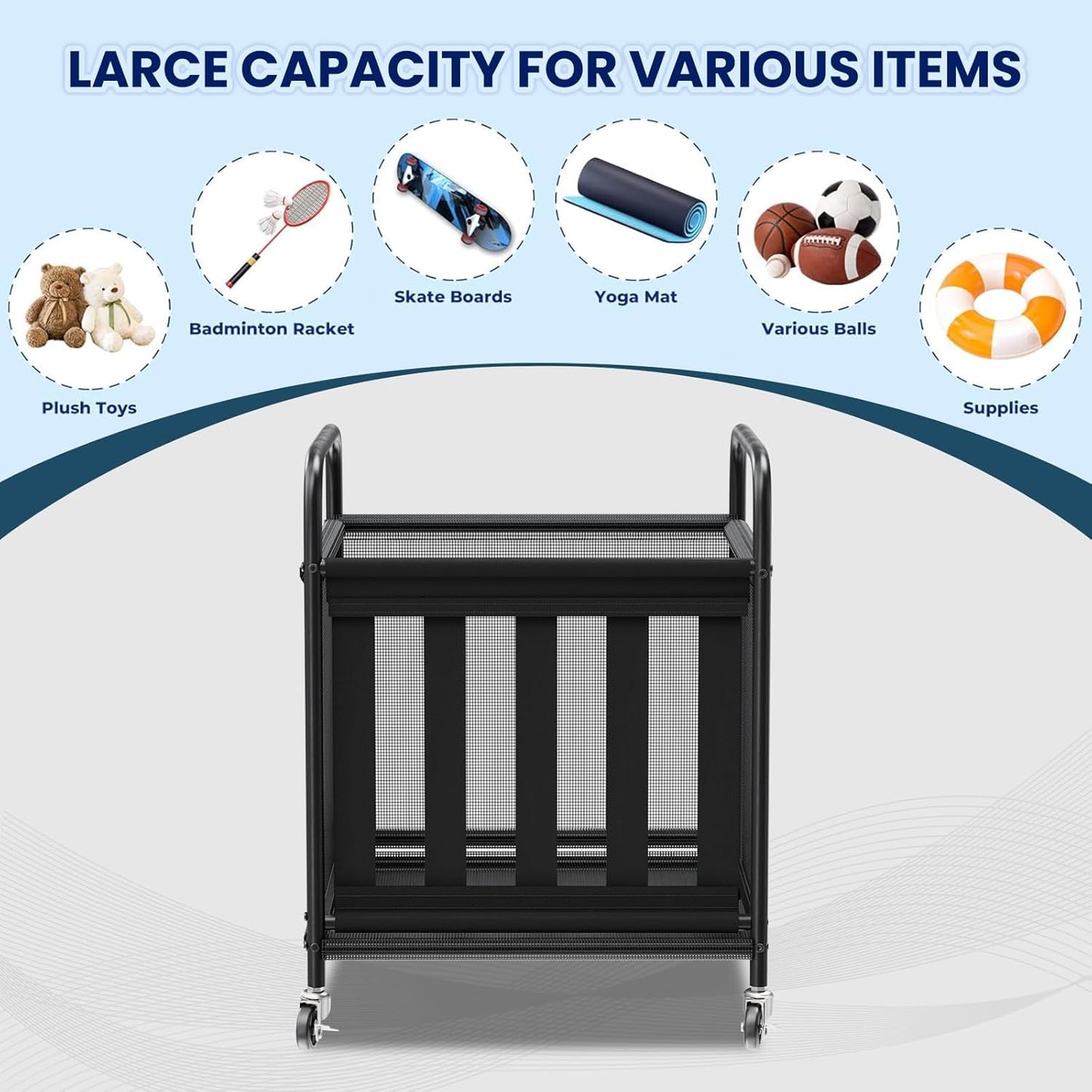 Ball Storage Cart, Sports Equipment Organizer with Wheels, Storing Volleyball, Basketball, Soccer, Baseball and Toy, Lockable Rolling Sports Ball Storage for Garage, Playgroup and Gym