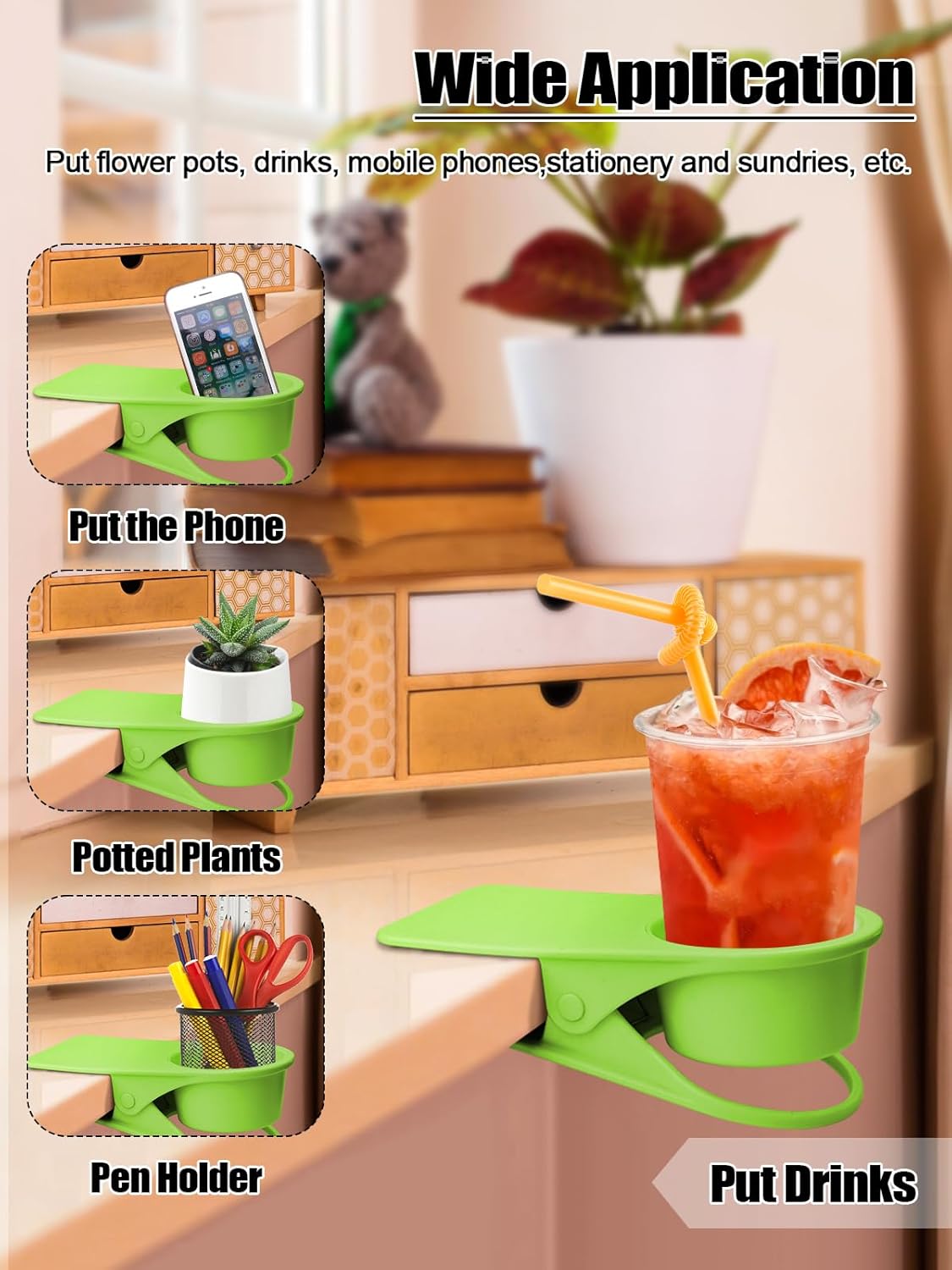 Kalolary 2PCS Table Edge Cup Holder Clips - Versatile Desk & Table Cup Clip for Home, Office & School (Green)