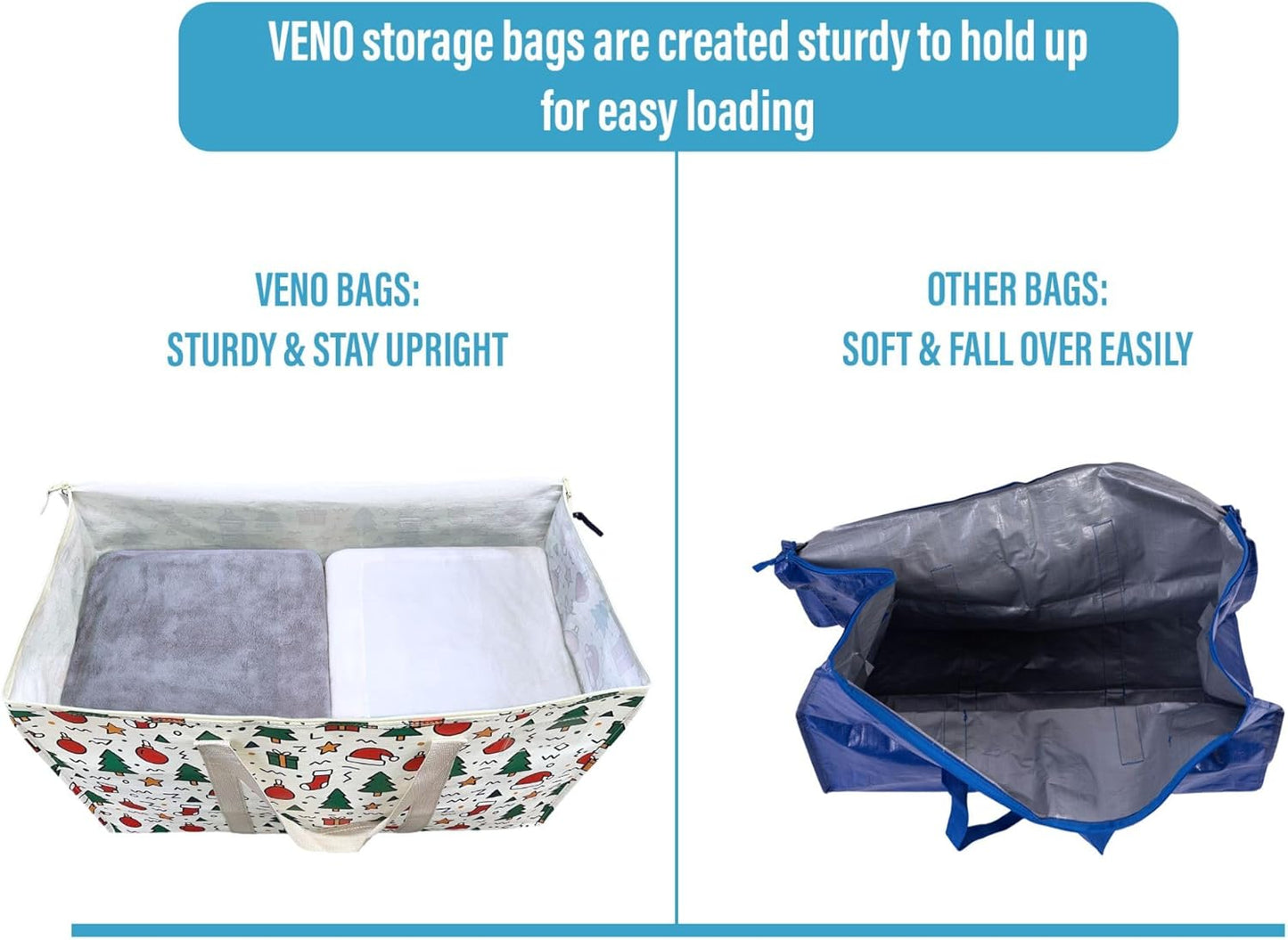 VENO 6 Pack Moving Bags and Large Christmas Storage Bins with lids. Alternative to Moving Boxes, Packing Supplies for College. Extra Large Heavy Duty Totes for Packaging (Jingle Mix, 6 Pack)
