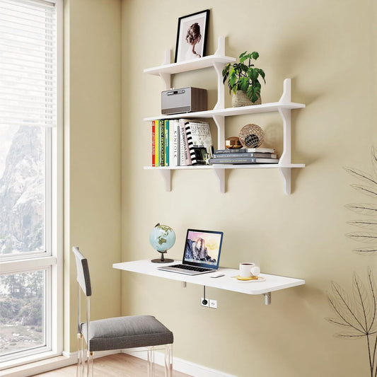 Pmnianhua Wall Mounted Folding Table, 47'' Floating Laptop Desk with Shelves, Foldable Drop Leaf Table, Wall Mount Fold Down Table for Laundry Room Kitchen Bar Home Office Small Space(White)