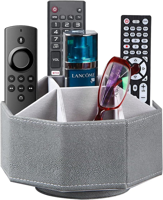 Leather Remote Control Holder,360 Degree Spinning TV Remote Caddy,9 Grids Desk Organizers and Accessories for Storage Controller,Calculator,Mail,Media,Pen,Phone etc(Grey Fish pattern)