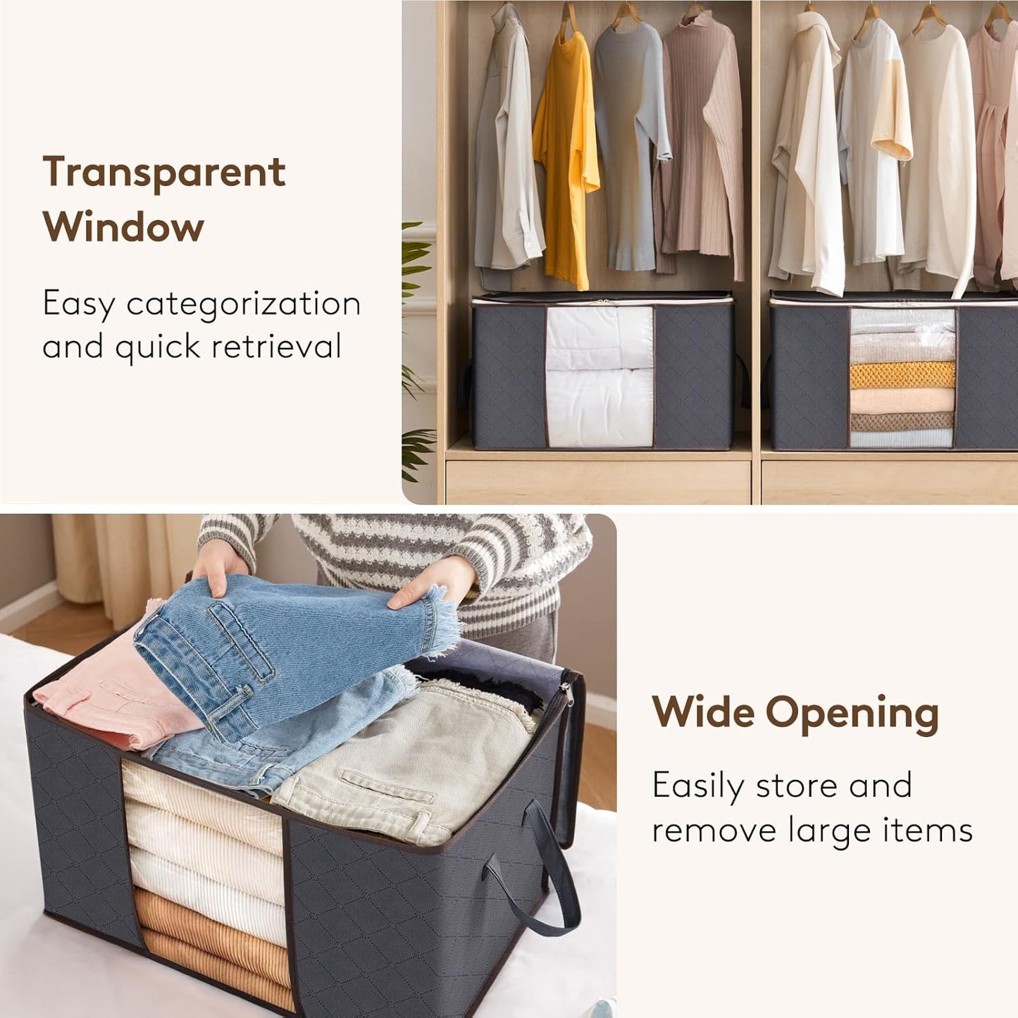 Lifewit 8 Pack Foldable Clothes Storage Bins with Lids, Gray, Non-woven Fabric, Rectangular, Sturdy Zipper, Reinforced Handle, 21.6" x 13.7" x 12.4", 60L Capacity Each, Ideal for Clothes and Bedding