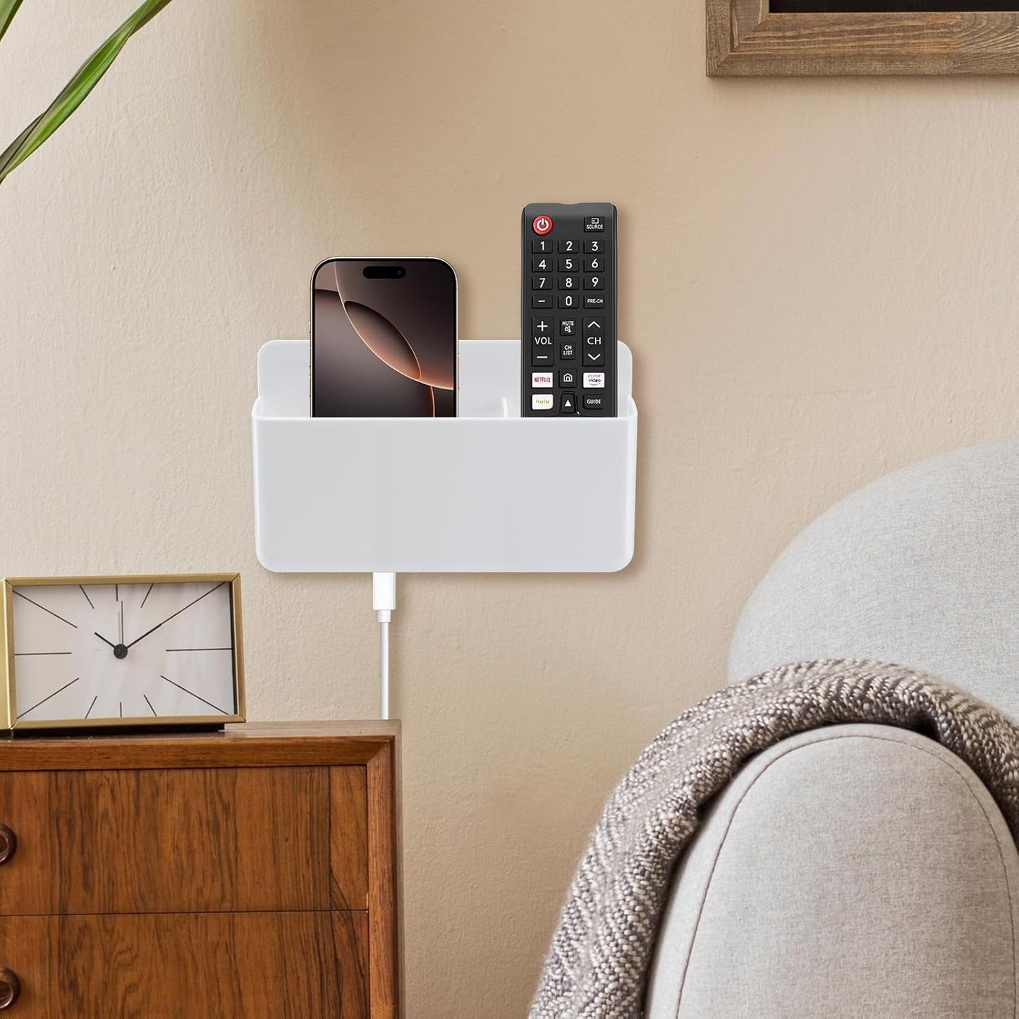 3 Slot Adjustable Remote Control Holder Wall Mount, TV Remote Box Hollow Bottom Slot Easy Phone Charging, Self Adhesive Remote Holder,Wall Pen Holder Storage Accessories for Home Office School (White)