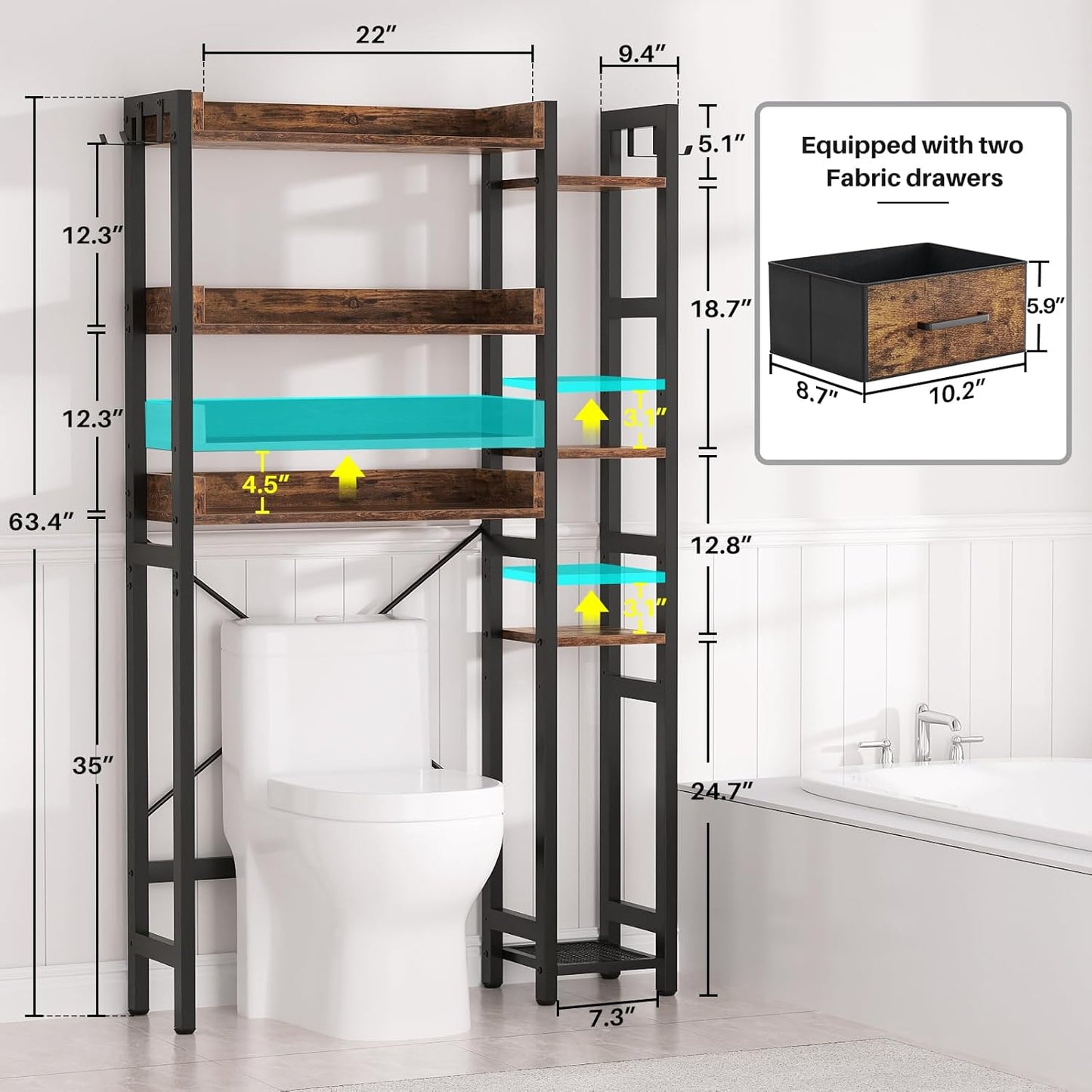 Over The Toilet Storage with 2 Drawers - 7 Tier Bathroom Organizer with Adjustable Shelf, Freestanding Space Saver Storage Rack Above Toilet Stand with 4 Hooks for Restroom, Laundry, Rustic Brown