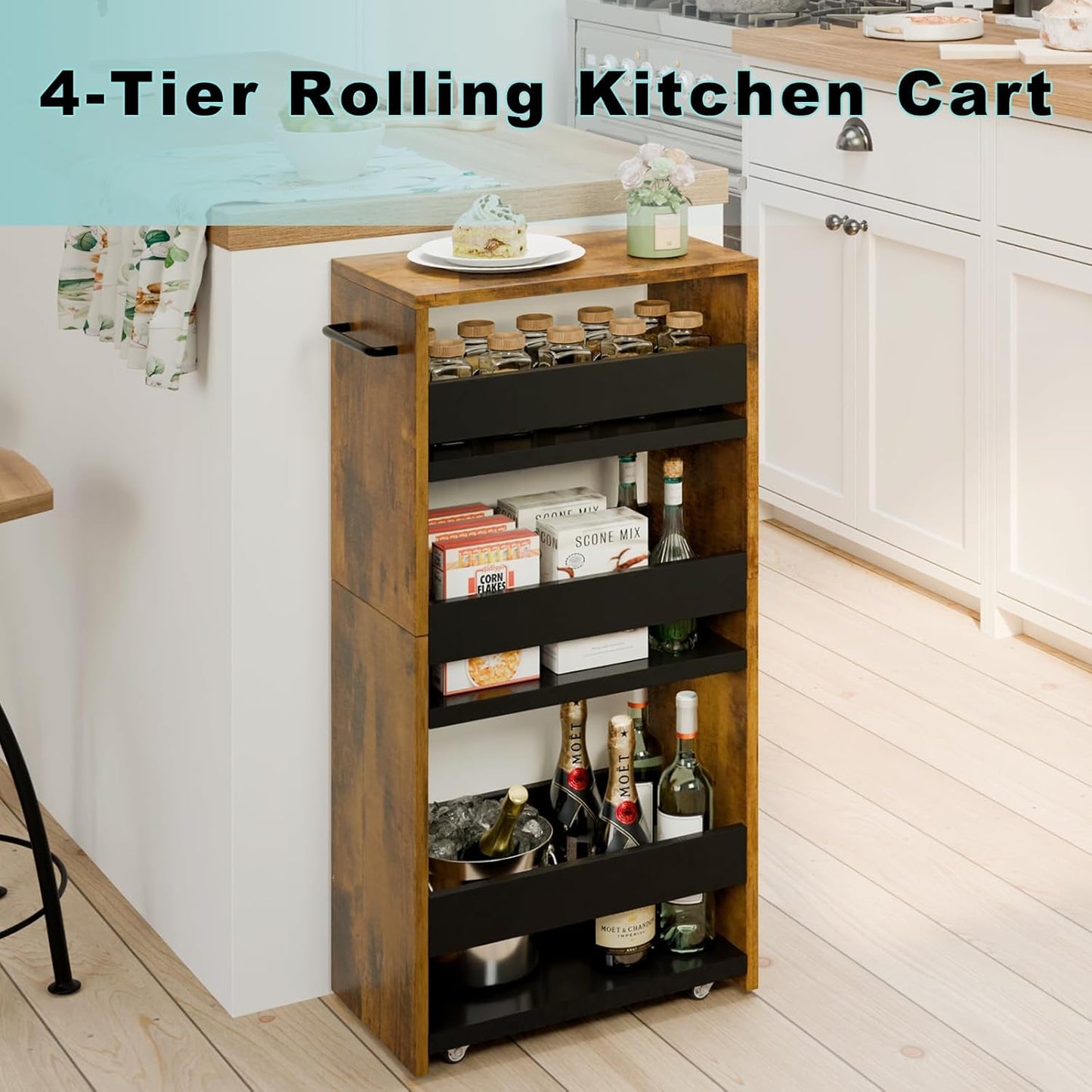MARTY Rolling Storage Cart 7.9" W, 4-Tier Narrow Kitchen Cart with Wheels Handle, Slim Storage Mobile Shelving Utility Carts for Bathroom Laundry Room Organization Small Spaces(Rustic Brown)