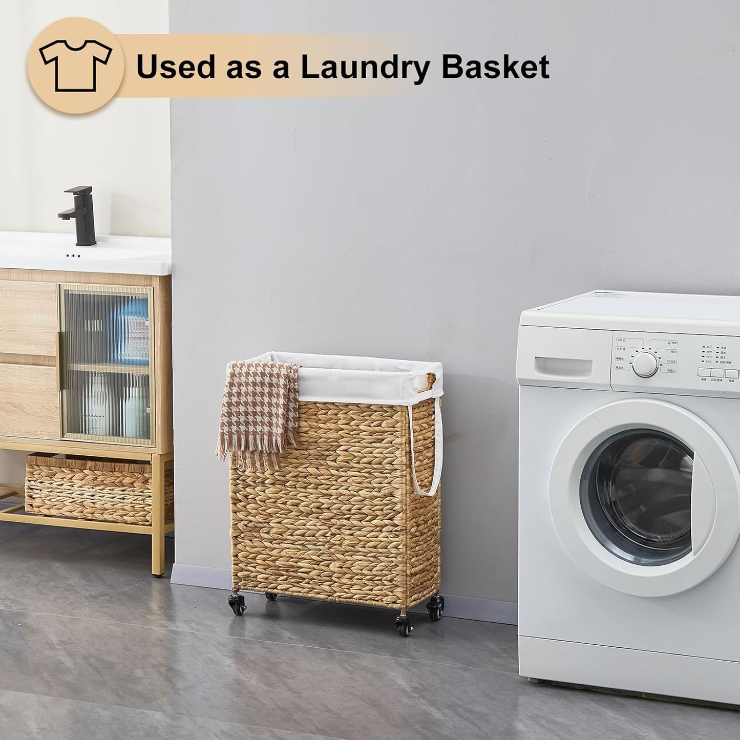 Rolling Laundry Hamper with Wheels, Slim Laundry Basket with Removable Liner Bag & 2 Mesh Bags, Handwoven Water Hyacinth Clothes Hamper for Bedroom Bathroom (Natural, 65L)
