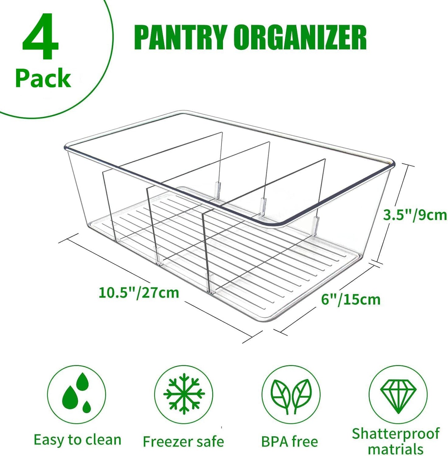 4 Pack Pantry Organizers and Storage,Snack Containers with 3 Dividers for Kitchen,Fridge,Refrigerator Organization and Storage,Clear Plastic Organizer Bins for Spice,Tea bag,Seasoning