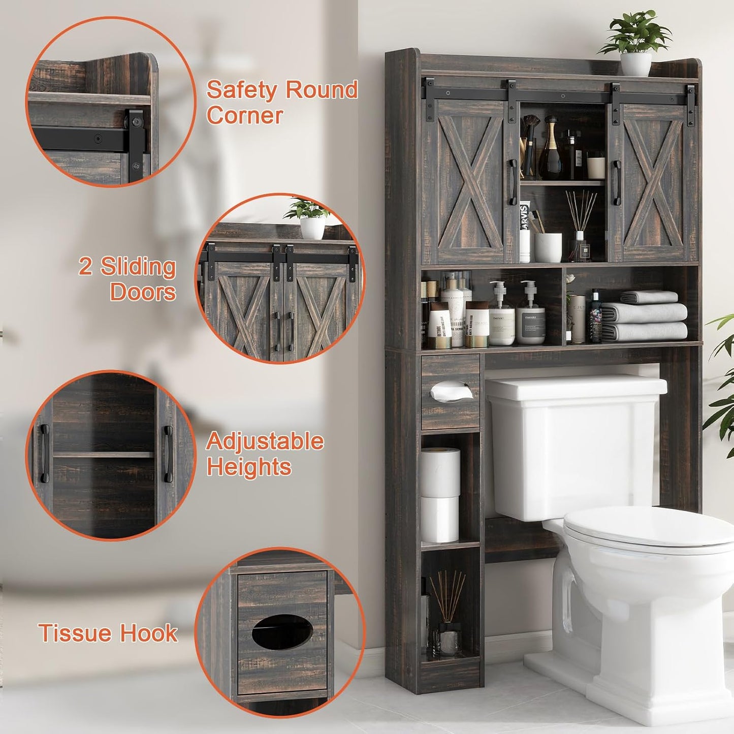 Vabches Over The Toilet Storage Cabinet, Farmhouse Storage Cabinet Over Toilet with Sliding Door& Toilet Paper Holder Stand，Home Space-Saving Toilet Rack, for Bathroom, Laundry and Restroom