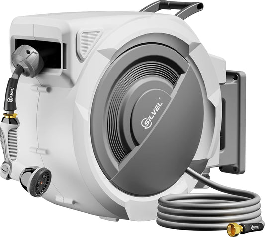 SILVEL Retractable Garden Hose Reel – 1/2 in x 150FT Heavy Duty Automatic Hose Reel Wall Mounted, Upgraded UV Resistant with 10 Pattern Nozzle, Any Length Lock & Slow Return System, 180°Swivel Bracket