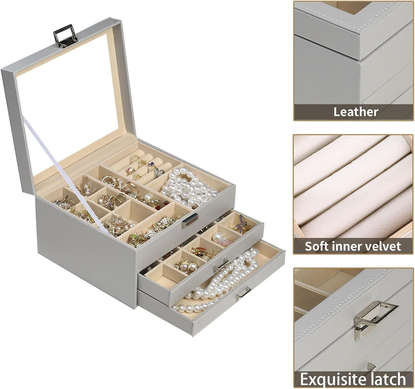 BOOVO Clear Lid Jewelry Box,3 Layers Jewelry Organizer Large Multi-Functional Jewelry Storage Box with 2 Drawers,Jewelry Display Case of Rings Earrings Necklace Bracelets for Women Girls (Grey)