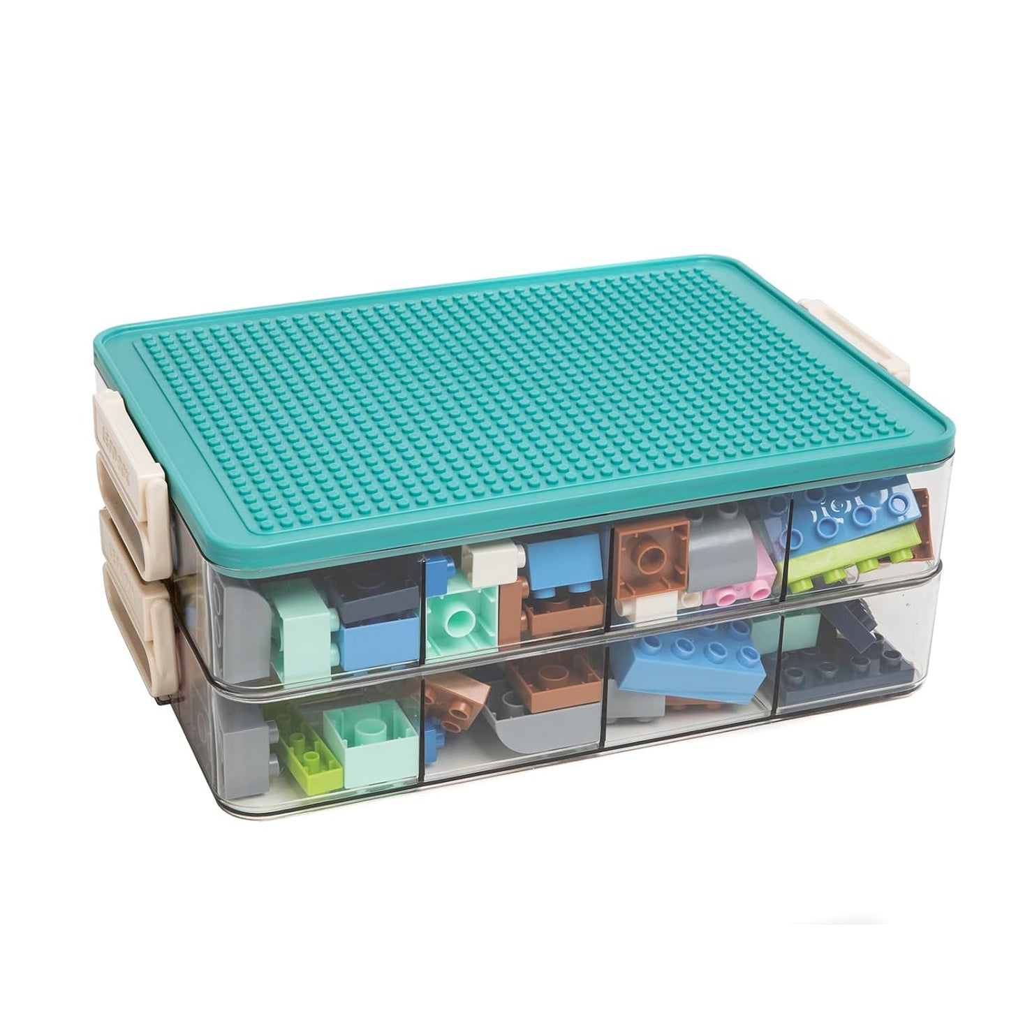 Toys Storage Organizer Bins for Lego, Stackable Toys Organizer, Lego Building Block Storage, Toy Storage Box with 24 Palace Grids, Plastic Stackable Organizer Bins (Green 2layers)
