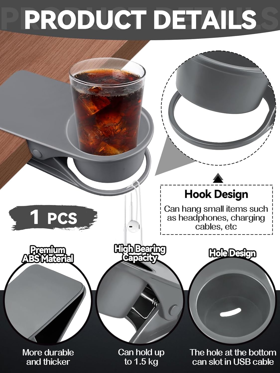1PCS Drinking Cup Holder, Kalolary Desk Bottle Cup Stand DIY Glass Clamp Storage Saucer Clip Water Coffee Mug Holder Saucer Clip Design for Home & Office, Grey
