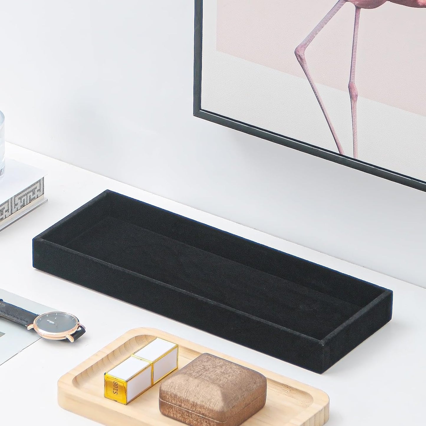 Divided Drawer Organizer Tray, Velvet Jewelry Storage Tray, Necklace Bracelet Ring Earring Display Tray,Bedside Nightstand Desk Holder Tray for Phone Watch Sunglasses Cosmetics Storage/Black/1grid
