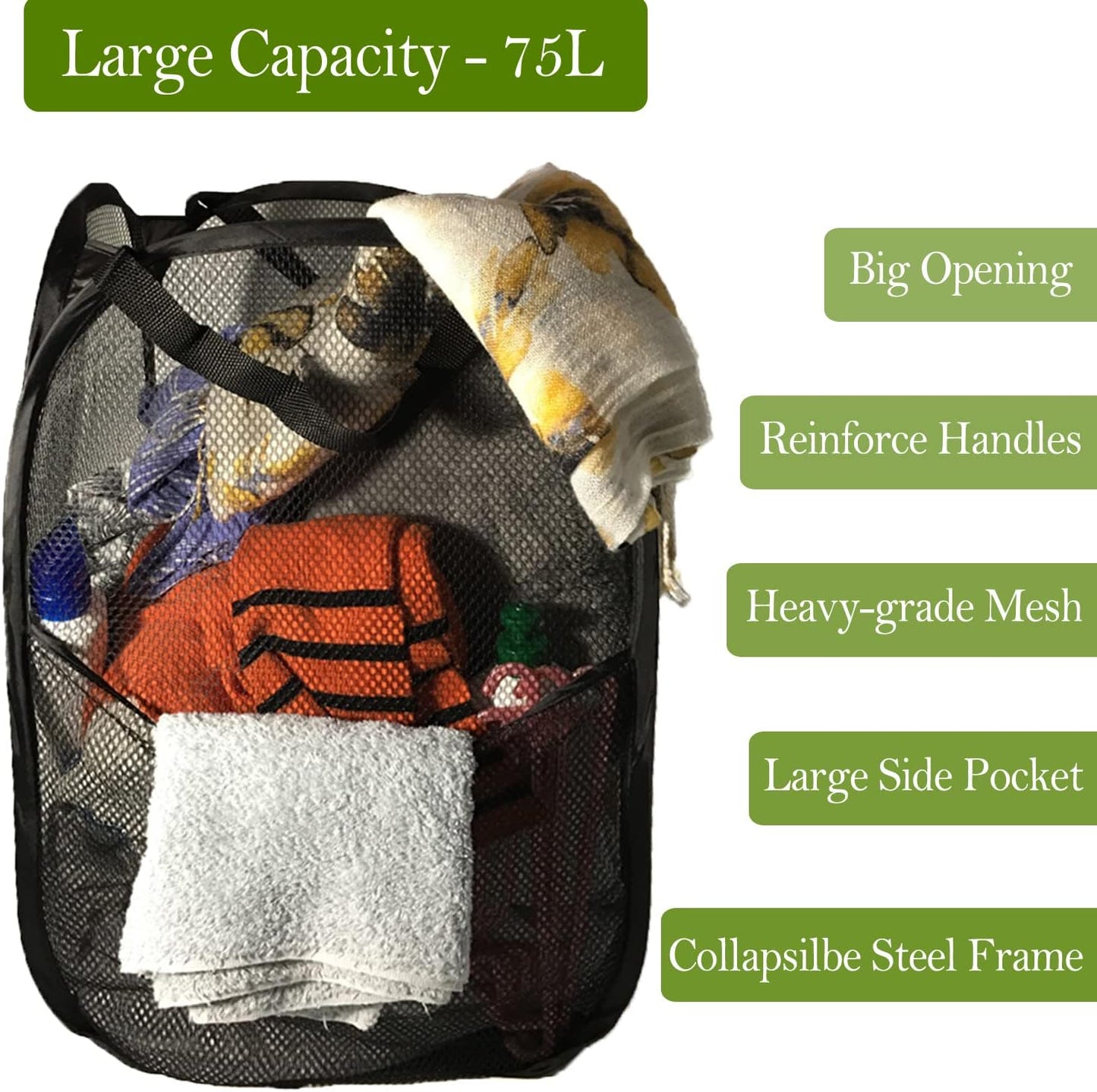 BATTOO Deluxe Strong Mesh Pop up Laundry Hamper Basket with Side Pocket Foldable Hamper for Laundry Room, Bathroom, Kids Room, College Dorm or Travel Black + Black