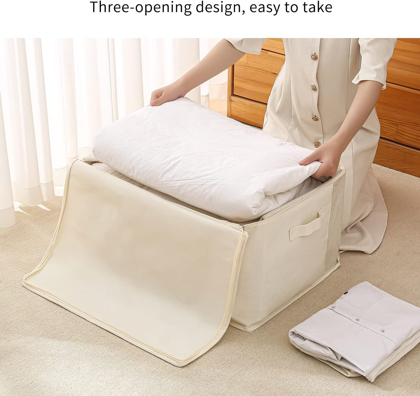 4 Pack Large Canvas Comforter Storage Bags Closet Organizer for Clothes Sweater Clothes Organizer with Dual Zipper Three Carrying Handles for Blanket Closet Storage Container