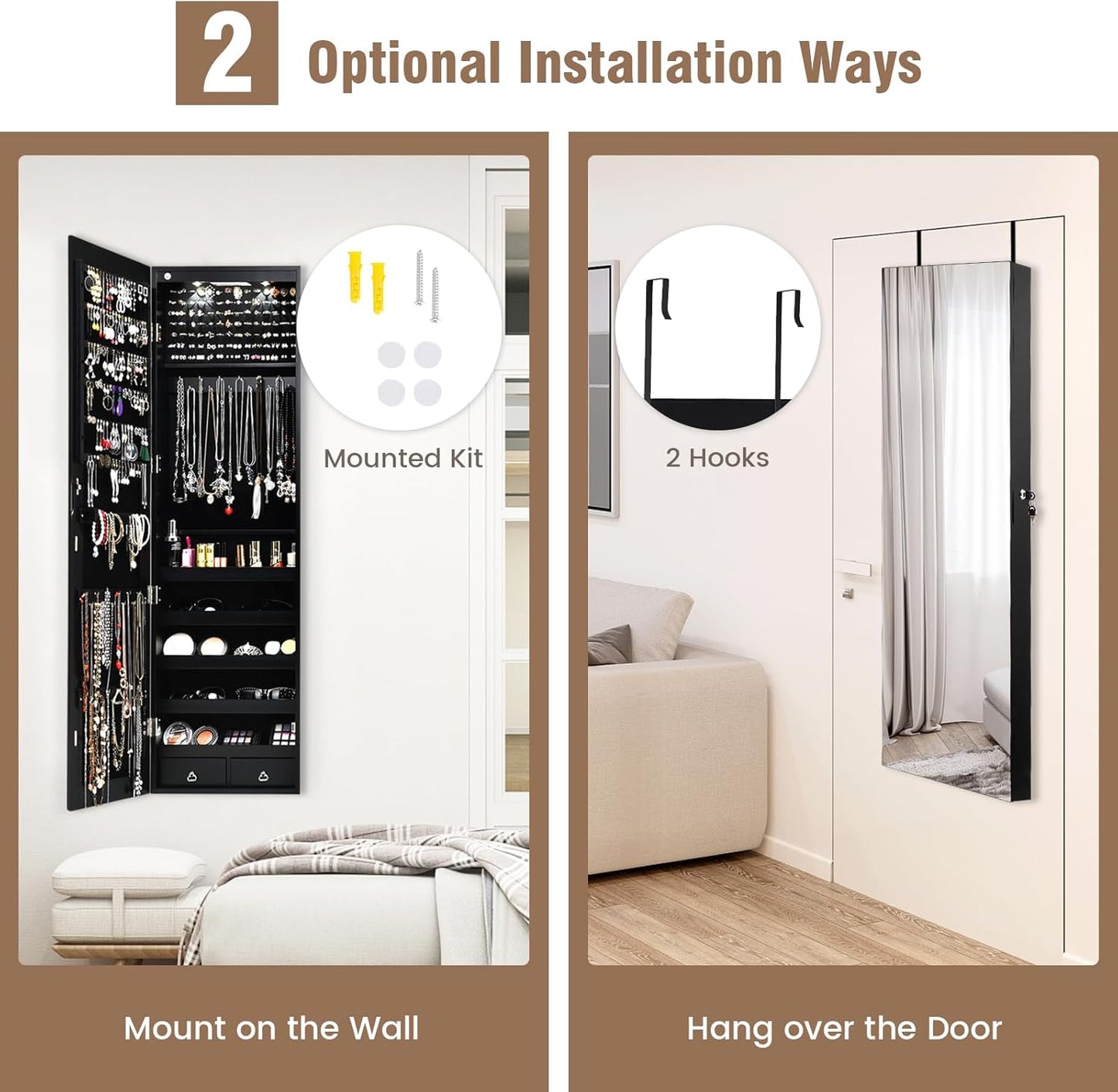 HAPPYGRILL Over the Door Jewelry Organizer, Hanging Jewelry Storage Cabinet w/Full-Length, Inner Makeup Mirror, Earring Shelves, Ring Slots, 25 Necklace Hooks, Wall Mounted Jewelry Armoire for Women