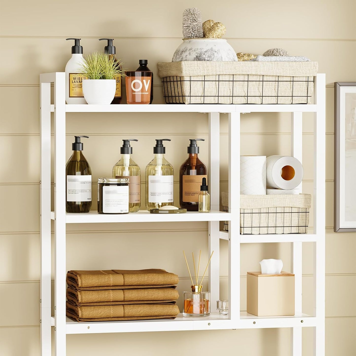 Over The Toilet Storage Rack, 3-Tier Bathroom Organizer Over Toilet, Wooden Above Toilet Storage Shelf, Space Saver, Freestanding Bathroom Storage Metal Shelf, Easy to Assemble, White