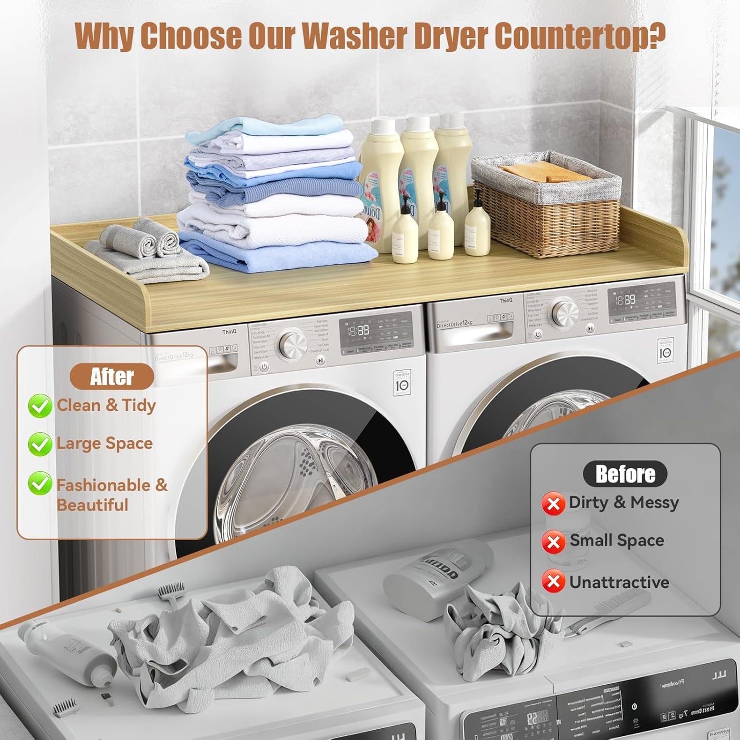 Washer Dryer Countertop, 27.5" D x 54" W Washer and Dryer Topper Covers with Edge Rails, Wood Laundry Room Countertop Shelves for Laundry Room Organization and Storage (Natural)