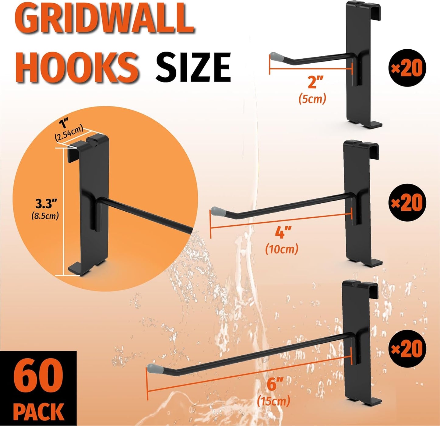 HUHOLE Black Gridwall Hooks 2 Inch, 4 Inch, 6 Inch, 60PC Heavy Duty Grid Wall Accessory, Durable Grid Wall Hook Solution for Tool Organization, Garagre, Retail Display, Hooks for Gridwall Panel