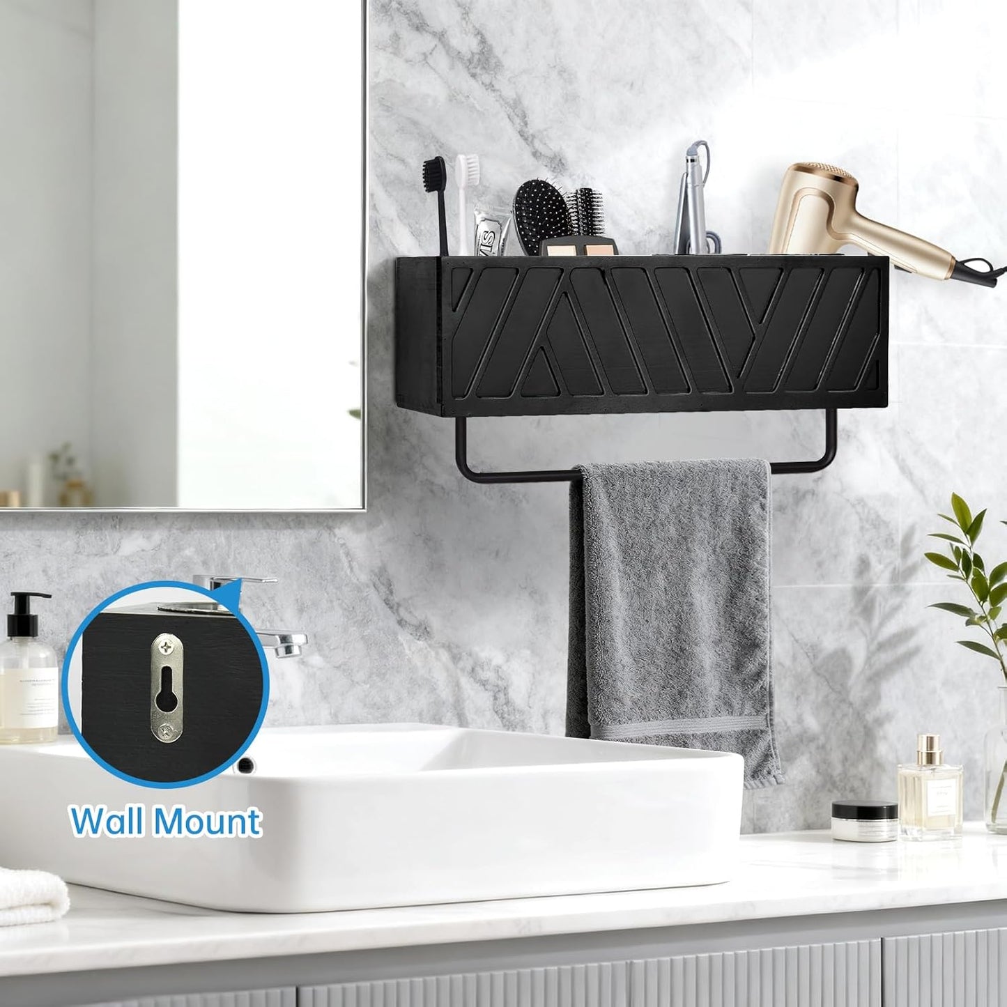 Hair Tool Organizer Wall Mounted with Towel Bar, Wood Hair Dryer and Styling Holder for Bathroom, Vanity Caddy Storage Stand for Storage Bathroom Accessories, Flat Iron, Blow Dryer, Brushes(Black)