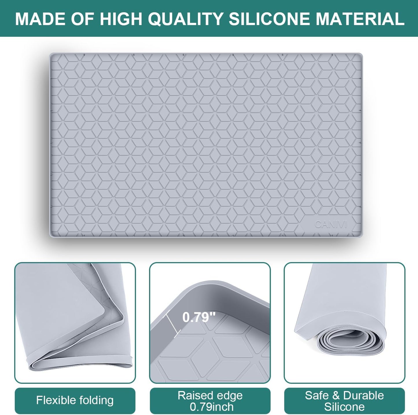 Under Sink Mat, 34" x 22" Waterproof Silicone Under Sink Tray for Kitchen & Laundry Cabinets, Kitchen Cabinet Shelf Protector, Up to 3.3 Gallons Liquid, Fits 36 inch Standard Cabinet Light Grey