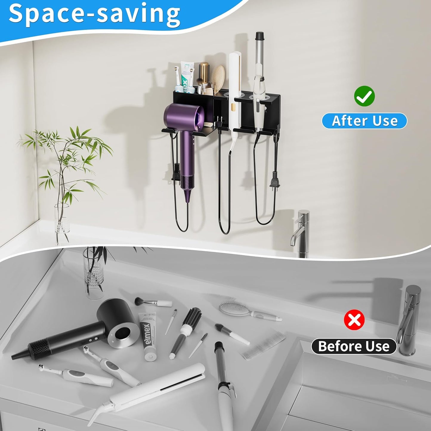 Hair Dryer Holder Wall Mounted, Metal Hair Tools Organizer, Hair Dryer Holder for Blow Dryer, Curling Iron, Straightener, Bathroom Hair Accessories Tools Organizer, Black