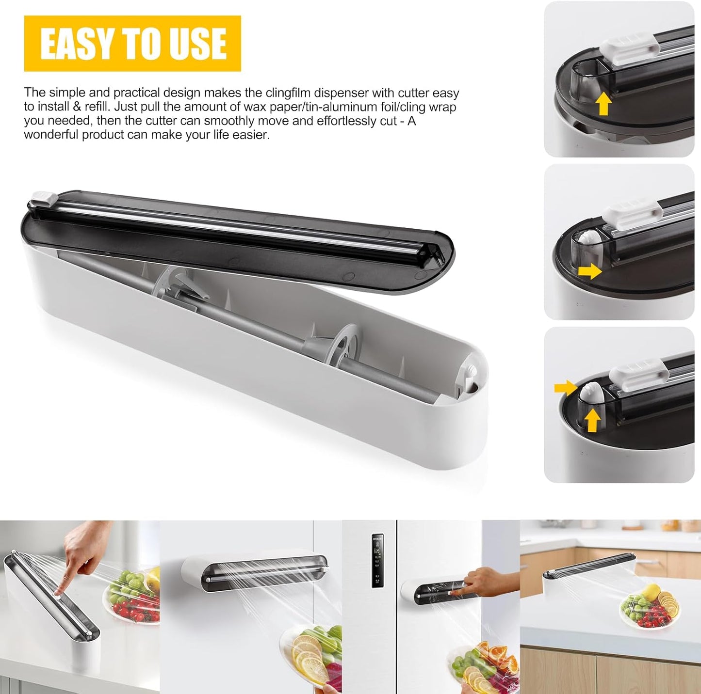 Aluminum Foil & Plastic Wrap Dispenser with Slide Cutter - Magnetic & No-Drill Wall Mount, Cling Film Dispenser for Worktops & Cabinets, Space-Saving Kitchen Organizer - Fits 12" Rolls, Black