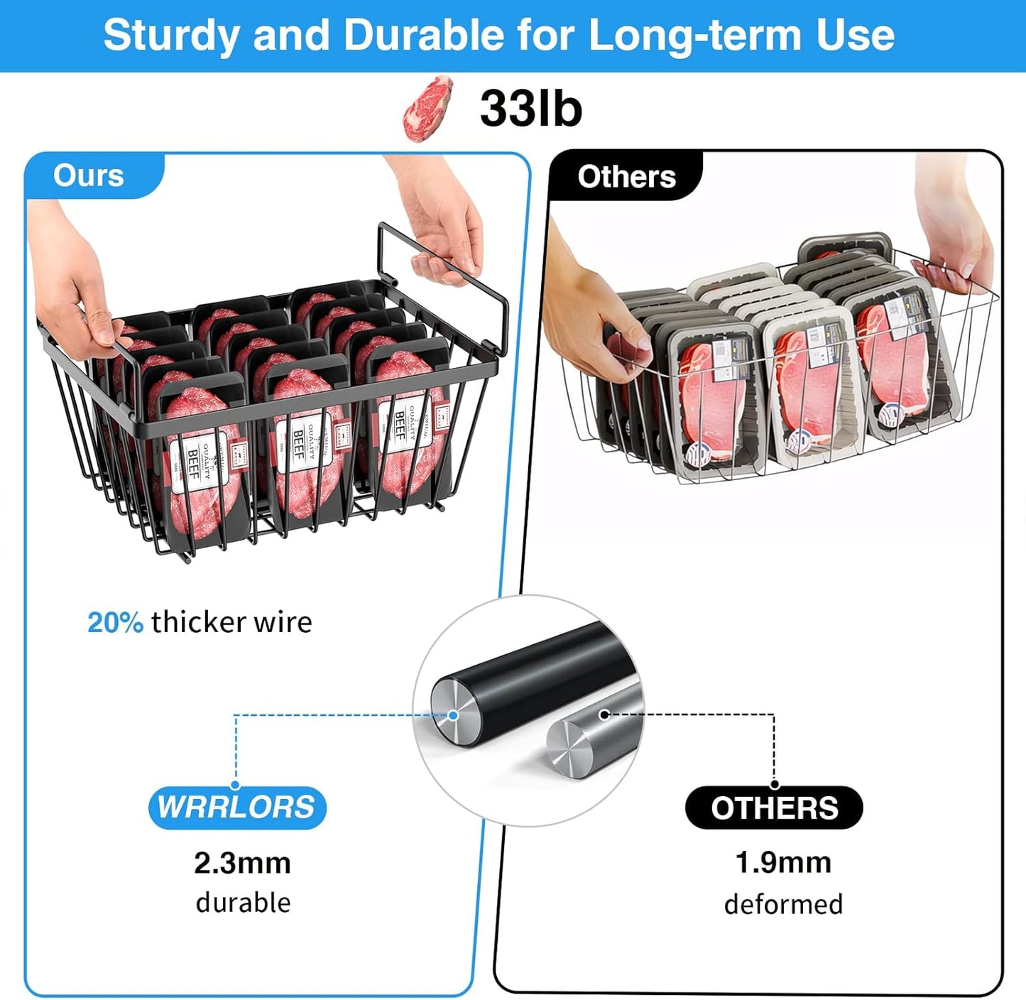 Freezer Organizers bins with Folding Handles，4 Pack Stackable Upright Freezer Organizers baskets for 5-7 Cu.Ft Deep Freezer Storage, Increased Space for Food Storage, Easy to access，Black