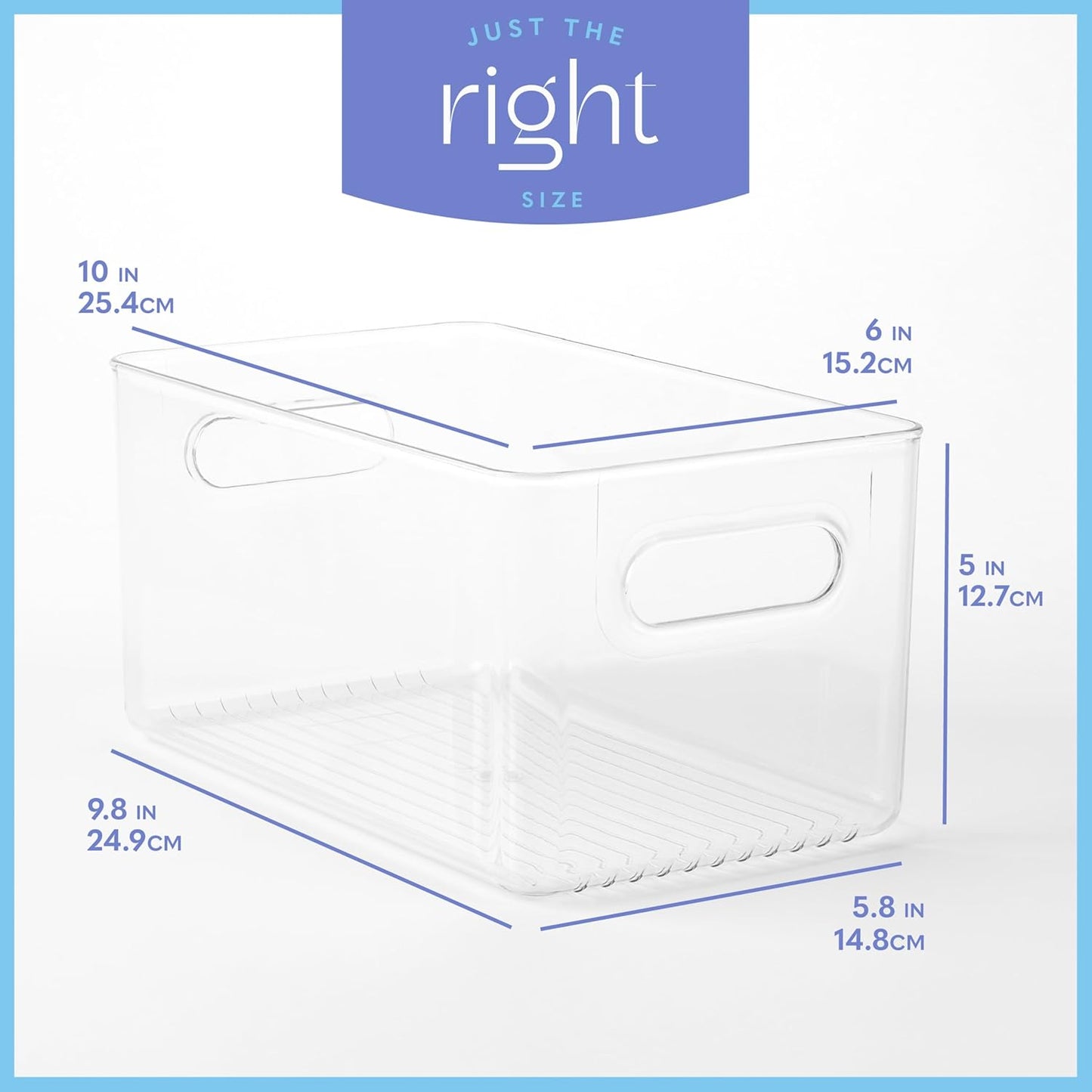 primebox Plastic Food Storage 2 Pack Clear Container Bin with Handles for Organizing Kitchen, Pantry, Refrigerator, Freezer, Pantry, Cabinet, Closet, Bathroom. 10”x6”x5”
