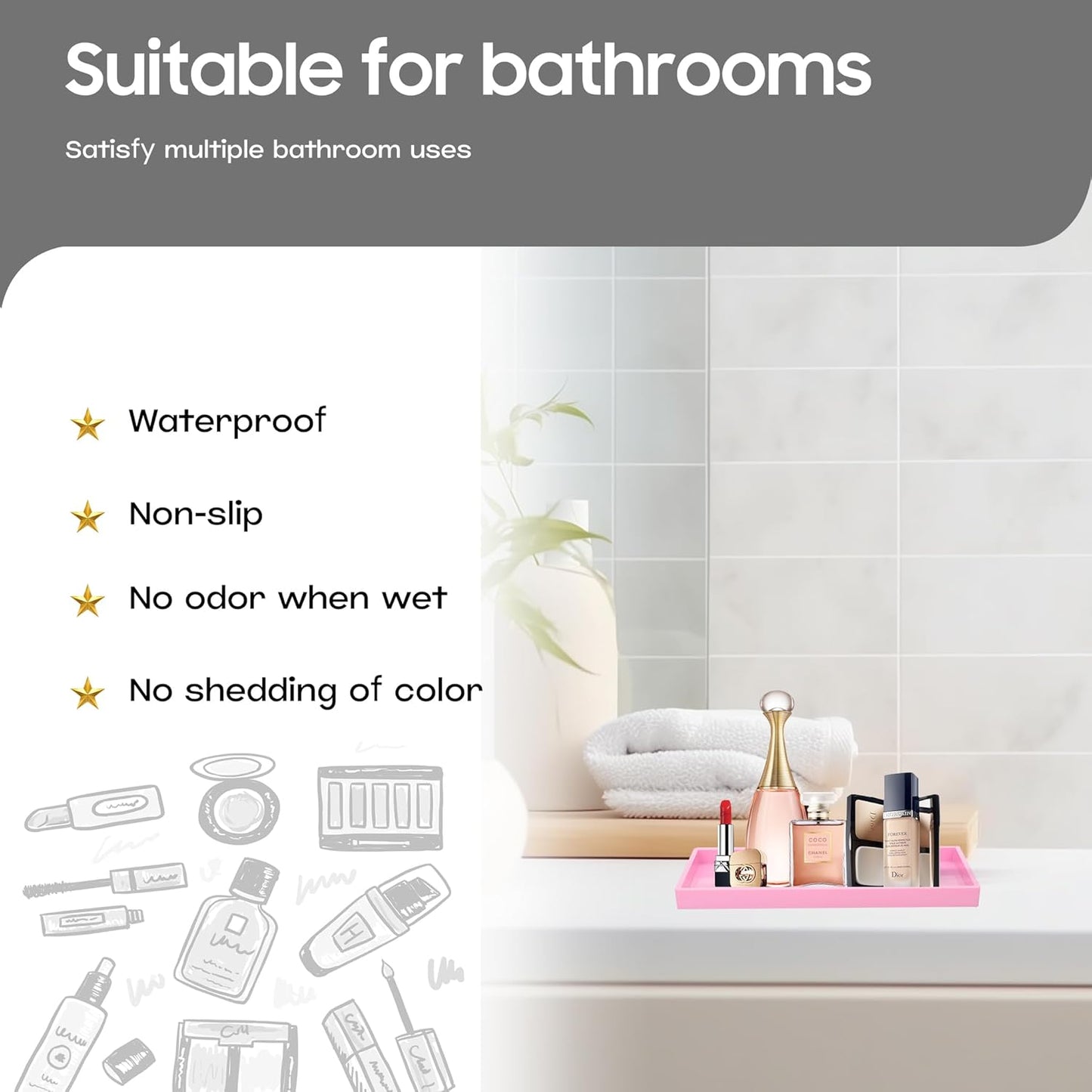 Vanity and Bathroom Tray, 7.7" ABS Countertop Organizer,Waterproof Vanity Tray for Toilet Tank,Perfume,Soap,Keys,Bathroom Accessories,Kitchen and Bath Trays,Non Slip Small Trays,Pink
