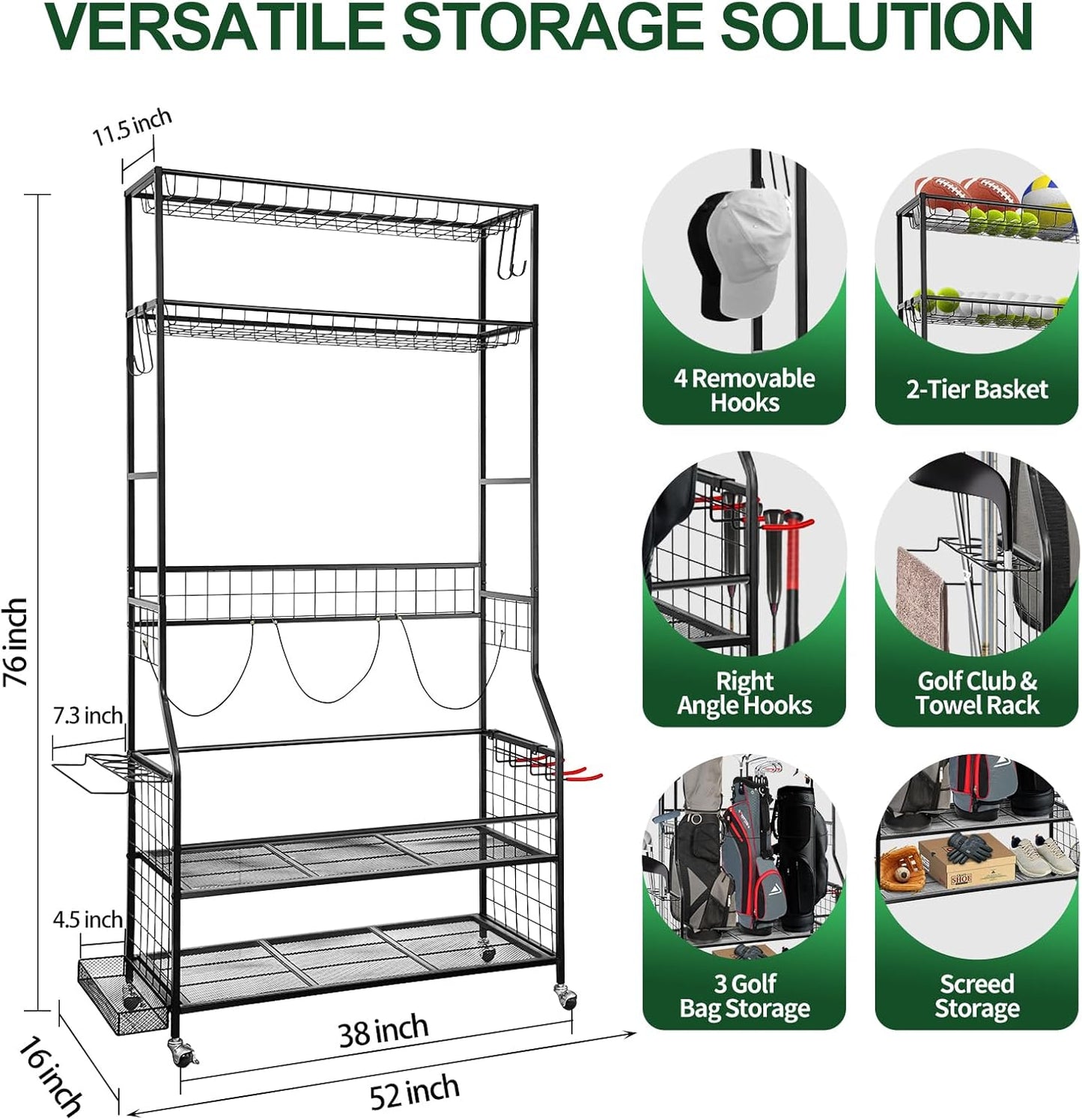 Golf Bag Storage Garage Organizer, 3 Golf Bags Organizer and Golfing Equipment Accessories Storage Rack, Sports Equipment Storage Organizer with Wheels, 4 Hooks, and Extra Club Display Rack