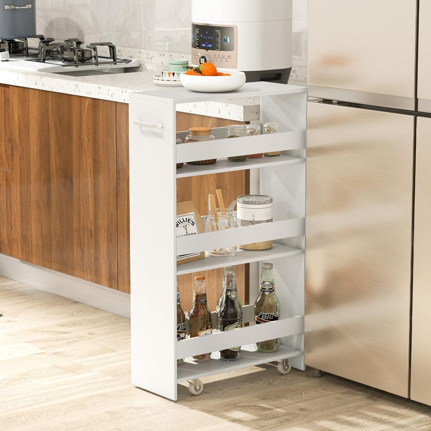 LOKO 4-Tier Rolling Storage Cart, 8 Inches Slim Kitchen Cart on Wheels with Open Shelves & Handle, Laundry Room Cart Between Washer and Dryer, for Narrow Space Bathroom Next to Fridge (White)