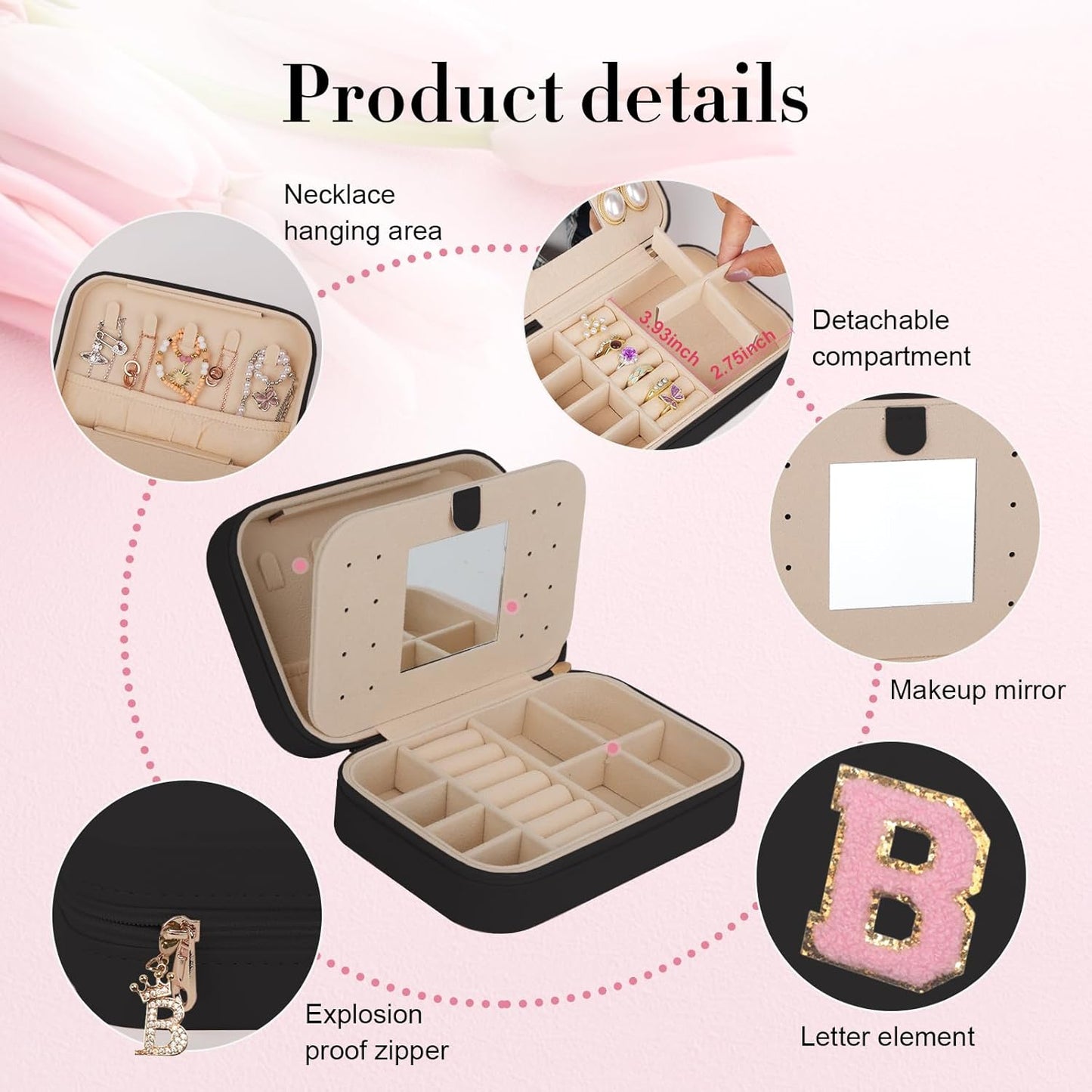 TopPerfekt Travel Jewelry Case, Jewelry Box with Mirror, Jewelry Organizer Bridal Shower Gifts to Her, Earring Storage Travel Case, Trendy Gift for Women and Girls, Girlfriend-Letter B, Black