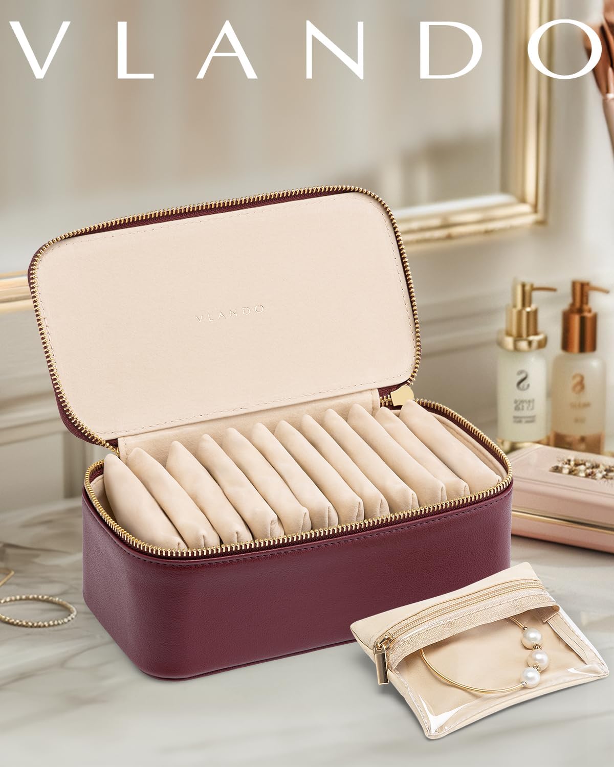 Vlando Jewelry Box with 12 Velvet Jewelry Bags Travel Jewelry Case for Girls Jewelry Organizers Necklace Rings Earrings Storage Bags Christmas Gifts Bridal Shower Gifts- Red