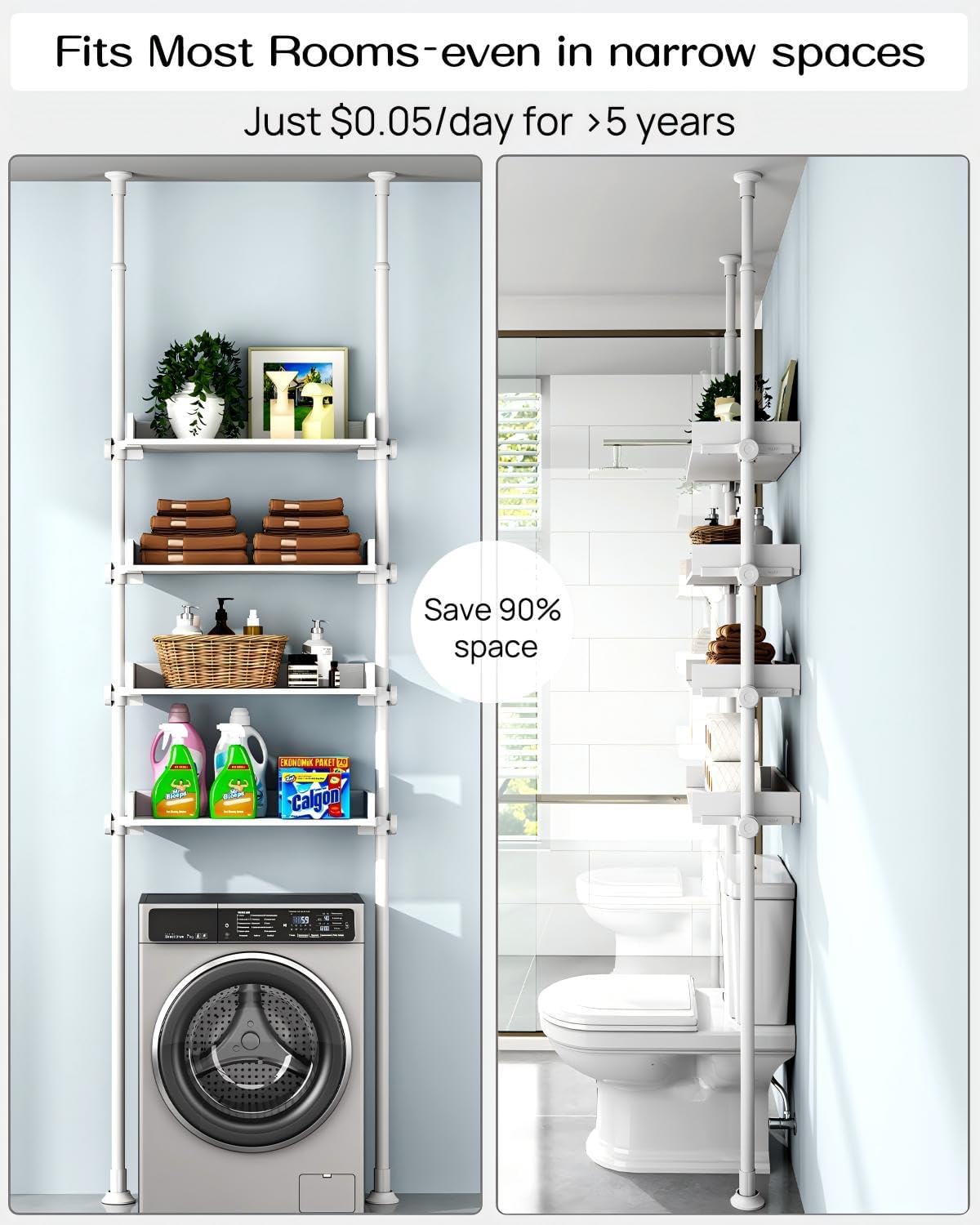 ALLZONE 4 Tier Over The Toilet Storage, Adjustable Wood Over Toilet Bathroom Organizer, Freestanding Shelves, Fit Most Showers Over The Toilet Shelf, 92 to 116 Inch Tall, White