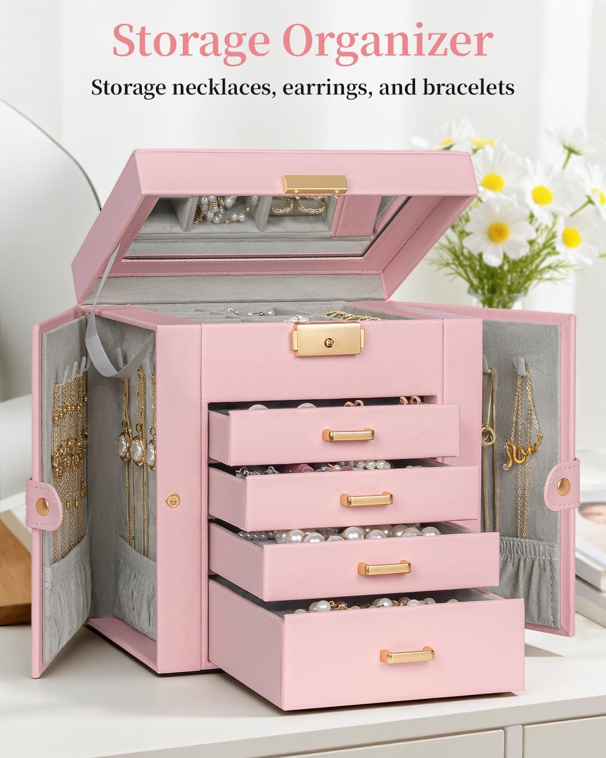 TORIBIO Jewelry Box for Women, Leather Jewelry Organizer with Mirror & Lock, 5-Tier Jewelry Storage Organizer with 4 Drawers for Girls/Women/Mothers, Necklace Earring Bracelets Holder Organizer