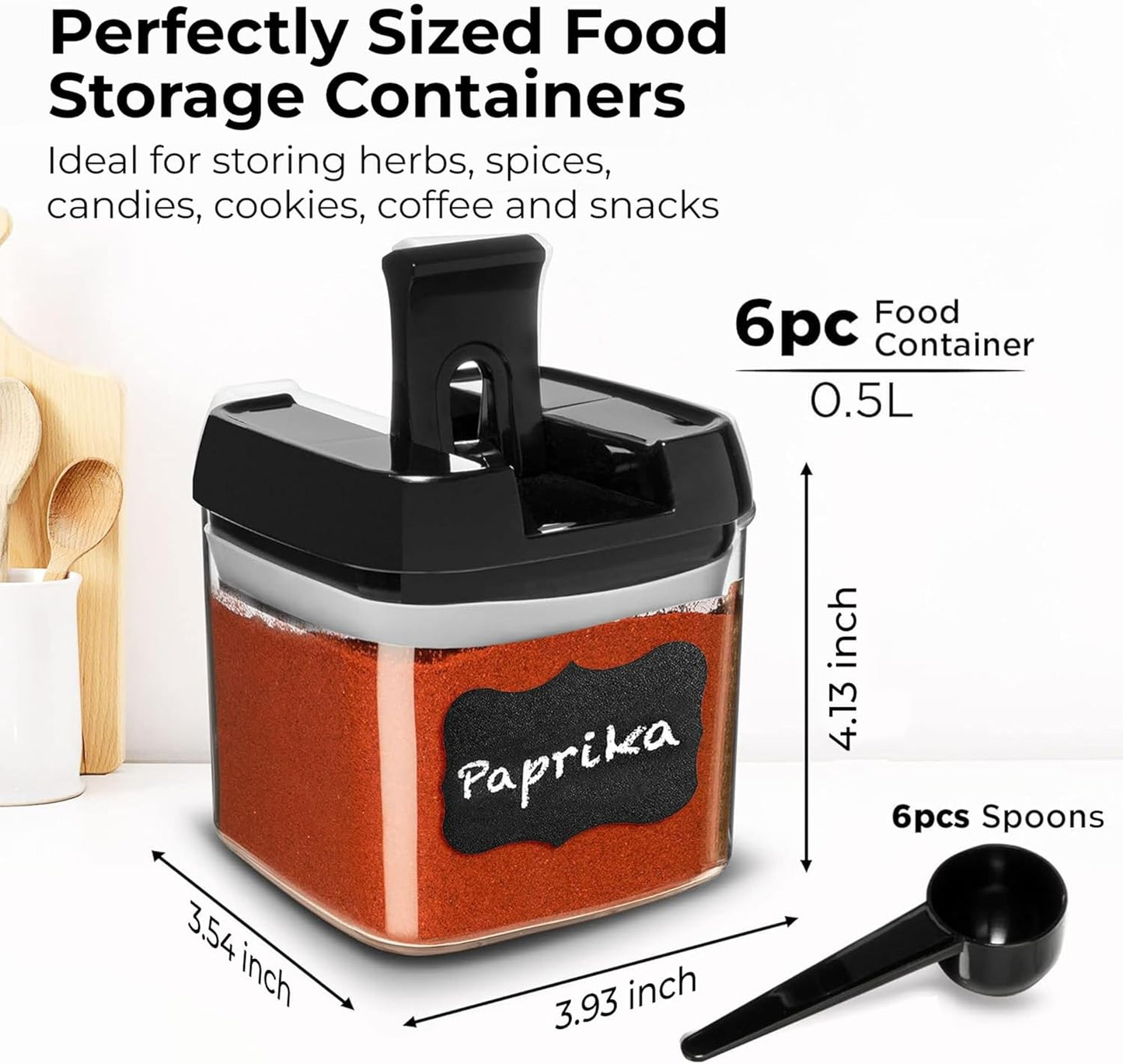 Shazo 6 PC Airtight Food Storage Containers + 6 Spoons - BPA Free Clear Plastic Snack & Spice Containers with Easy Lock Lids - Kitchen and Pantry Organization for Herbs, Coffee, Tea - 0.5L / 2.1 Cups