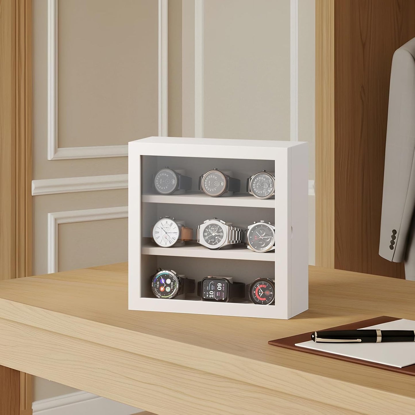 TJ.MOREE 9-Slot Watch Display Case, Wall Mount Wooden Watch Box, Vertical Storage Men’s Watch Box-White