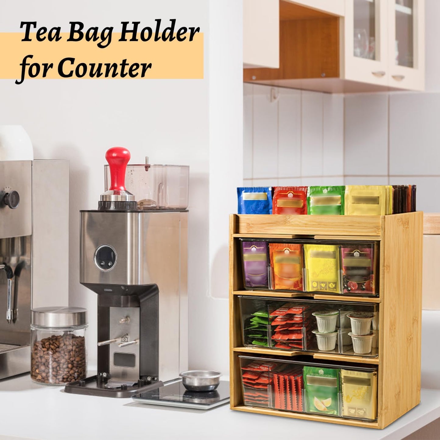 Tea Bag Organizer - Bamboo Tea Storage With Drawer 3 Layer, Organizer for Tea Bags Natural Wood & Acrylic for Countertop Office Kitchen Cabinet Pantry
