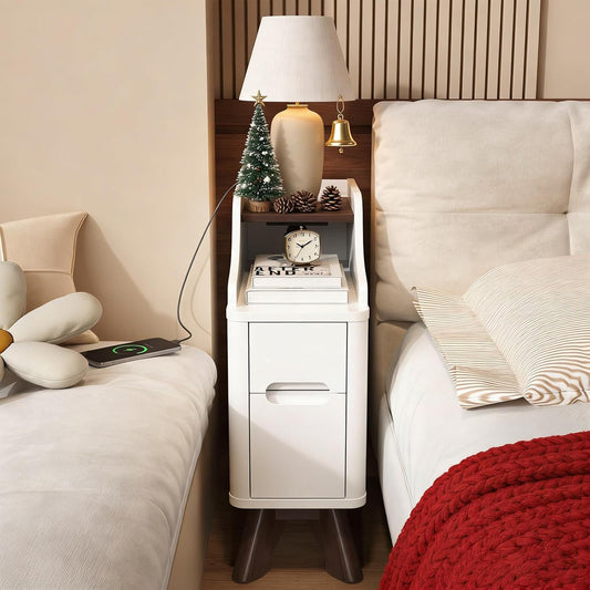 Narrow Nightstand with Drawers, Wood Night Stand with Charger Station, Narrow Bedside Table Modern Side Table Skinny End Table for Bedroom, White